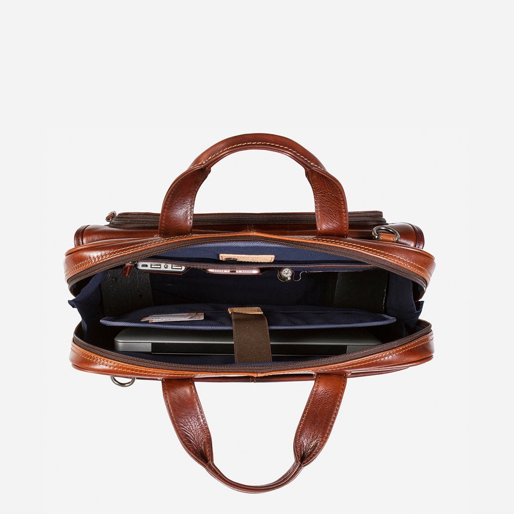 Jekyll & Hide Oxford Large Multi Compartment Briefcase for Men - Professional Leather Laptop Bag with Multiple Pockets - Perfect for Business Travel, Office Work & Daily Commute (Tobacco Brown)