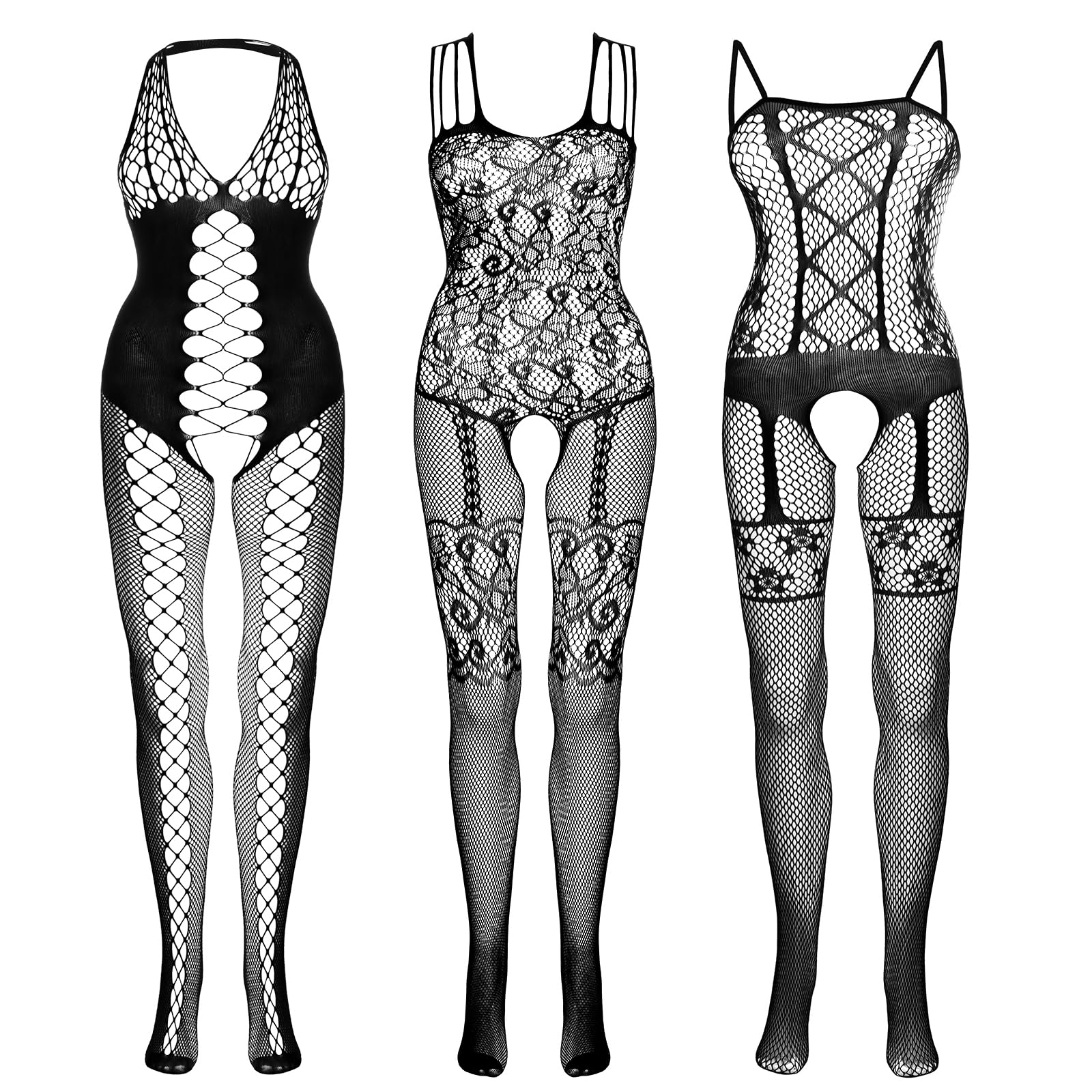 Fengek 3 Pack Women's Fishnet Bodysuits & Stockings - Sexy Lingerie Set for Couples, Sleepwear, Date Night - Black | Perfect for Valentine's Day, Anniversary Gifts & Boudoir Photography