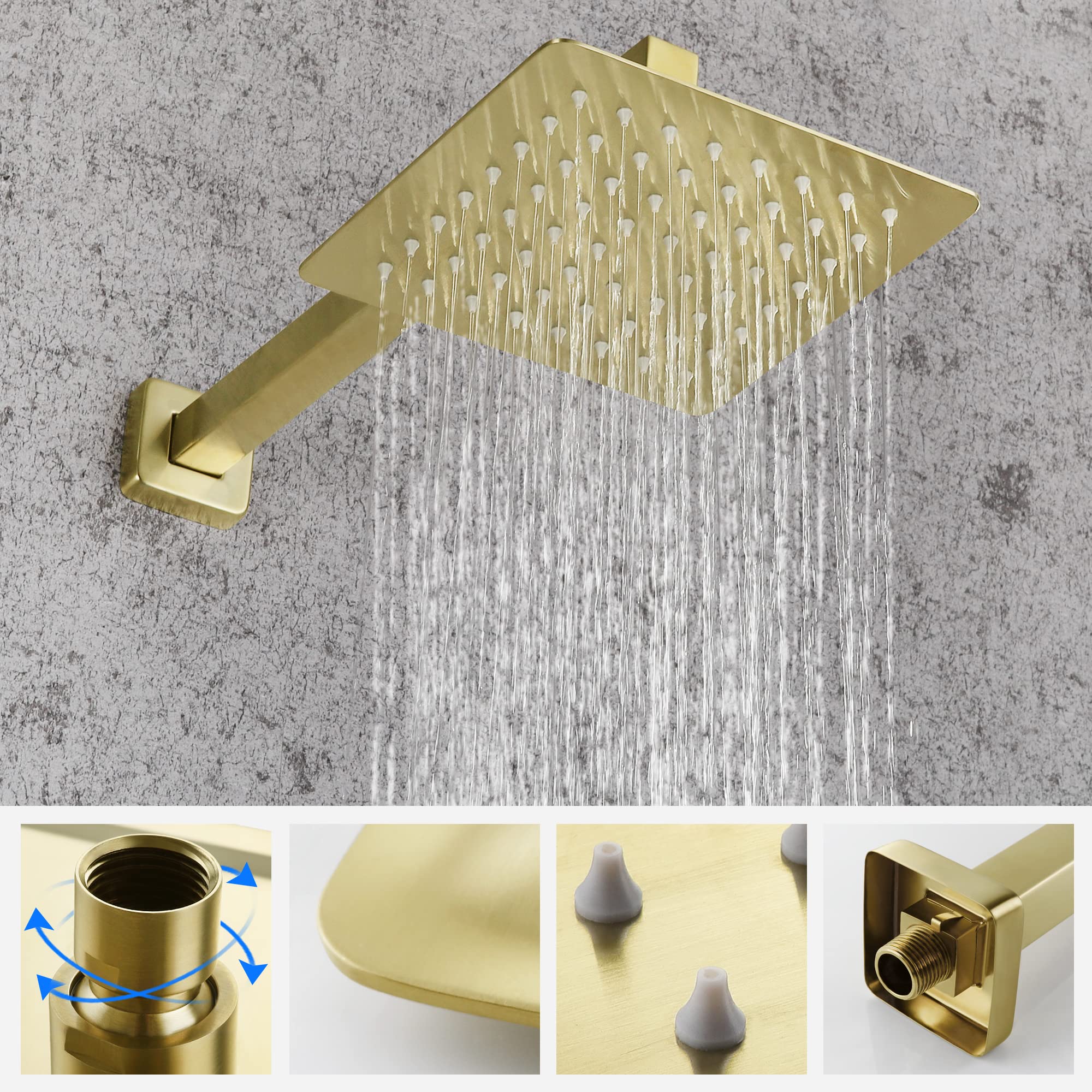 SKOWLL 8 Inch Rainfall Shower System - Brushed Gold Wall Mounted Shower Head with Pressure Balancing Mixer Valve | Solid Brass Construction | Perfect for Luxurious Spa-Like Bathroom Experience