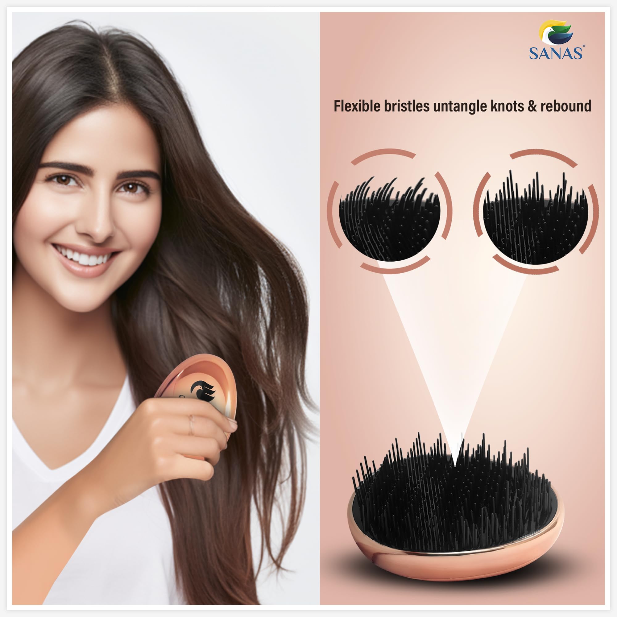 Sanas Detangling Hair Brush for Curly Hair - 1PC Copper Tangle Teezer & Denman Style Brush for Women - Perfect for Wet/Dry Hair, Styling, Salon Use & Travel Accessories