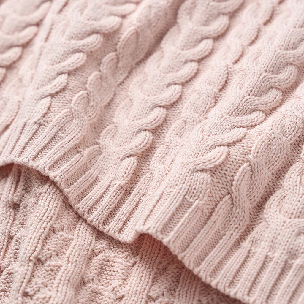 Soft Blush Horseshoe Cable Knit Baby Blanket - Cozy & Warm for Newborns, Nursery, and Gift Giving