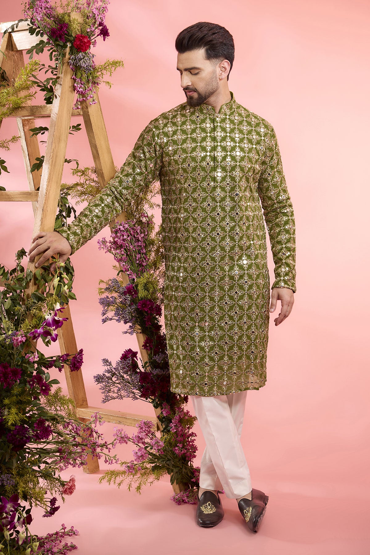 Lime Green Georgette Mirror Work Kurta for Women - Elegant Indian Embroidered Tunic for Festivals, Weddings & Special Occasions