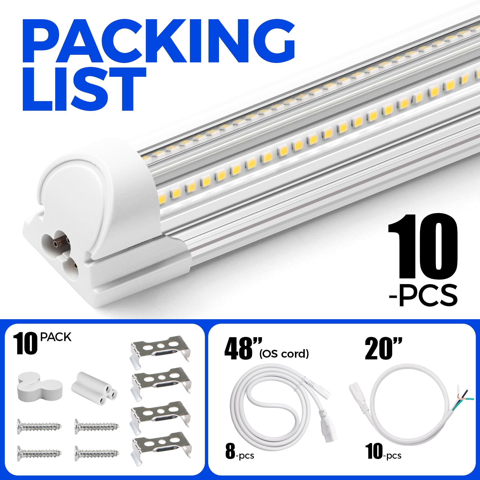 Barrina 8FT LED Shop Light - 100W 15000LM 5000K Daylight White, Linkable V-Shape T8 Tube Lights with Clear Cover, ETL Certified (10 Pack) - Perfect for Garage, Warehouse, Workshop, Basement and Commercial Lighting