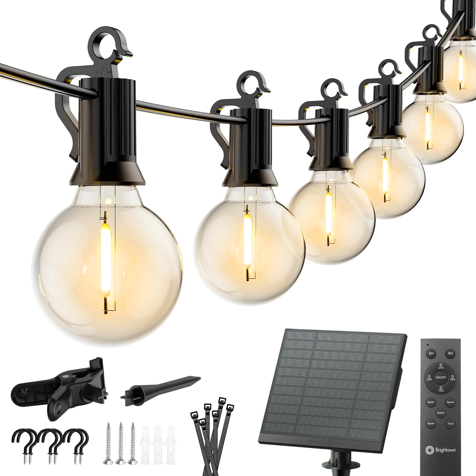 Brightown 58FT Solar String Lights Outdoor - 26 LED Shatterproof Bulbs, Remote Control, 3 Light Modes, Weatherproof & Commercial Grade - Perfect for Backyard, Patio, Garden, Wedding, Party Decor & Holiday Lighting