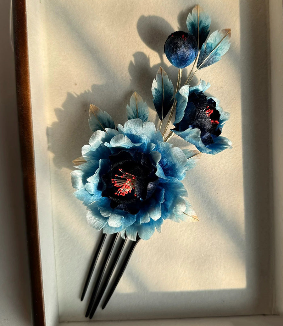 Handmade Black and Blue Peony Silk Hairpin - Elegant Hair Accessory for Weddings, Parties & Special Occasions | Ronghua