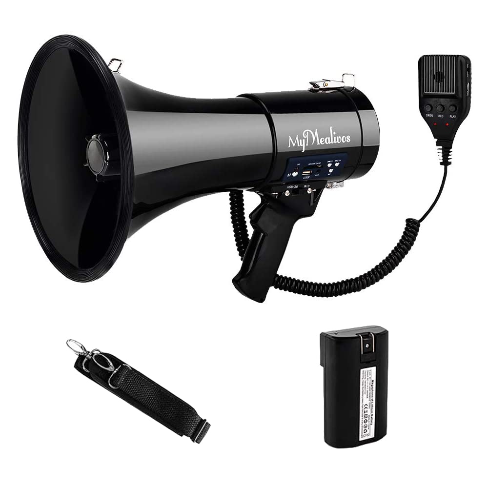 MyMealivos 50W Megaphone with Siren & Detachable Microphone - Portable Bullhorn Speaker with Lightweight Strap & 3.5mm Aux Input - Perfect for Outdoor Events, Sports Games, and Emergency Situations