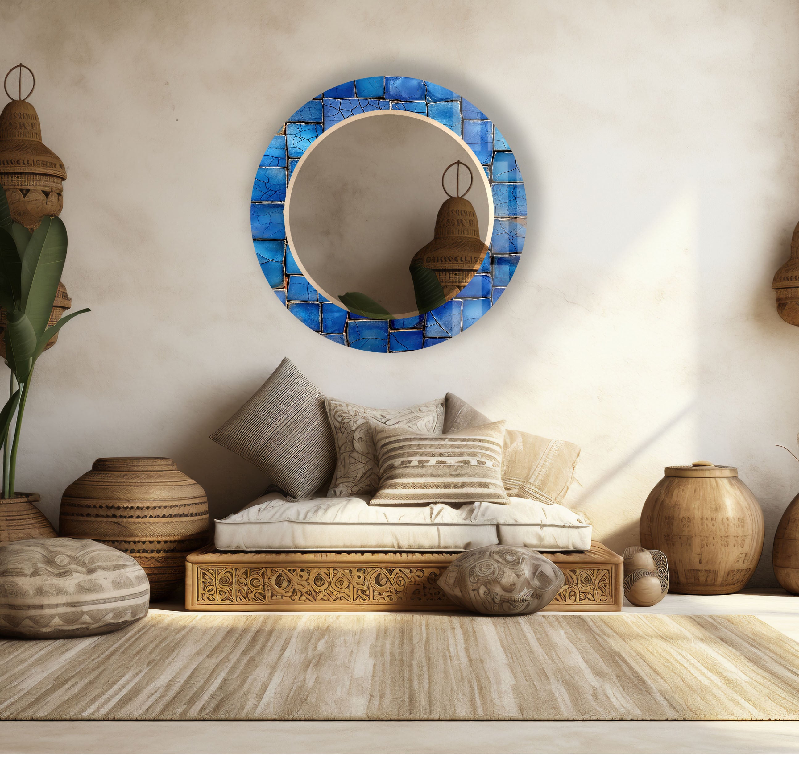 Coastal Blue Mosaic Round Wall Mirror with Glass Frame - Modern Home Decor for Bathroom, Bedroom, or Entryway