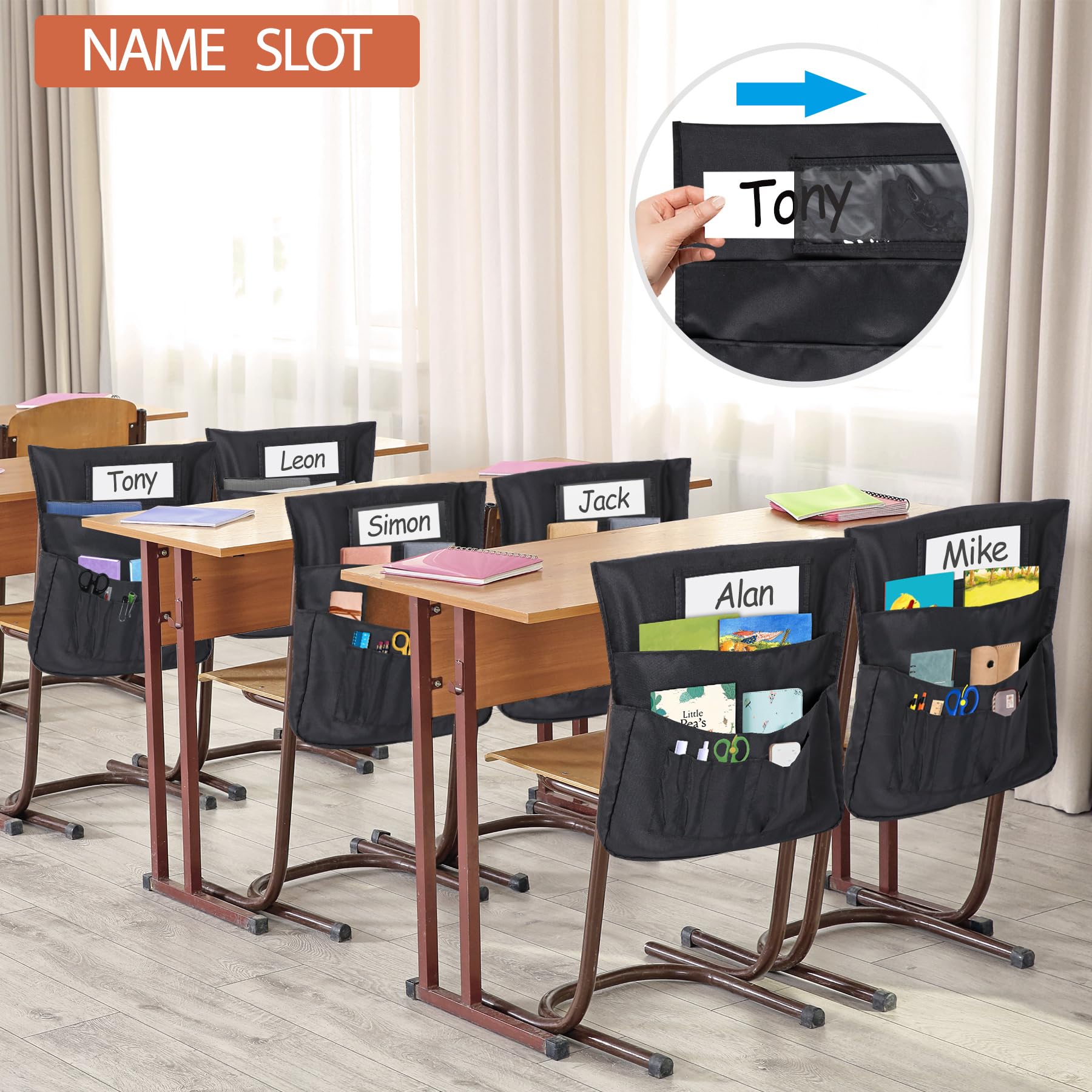 12 Pack Chair Pockets for Classroom - 17 x 18 Inch Chair Back Organizer with Name Slot, Kids School Supplies Storage - Perfect for Books, Papers, and Supplies in Preschool & Elementary Classrooms