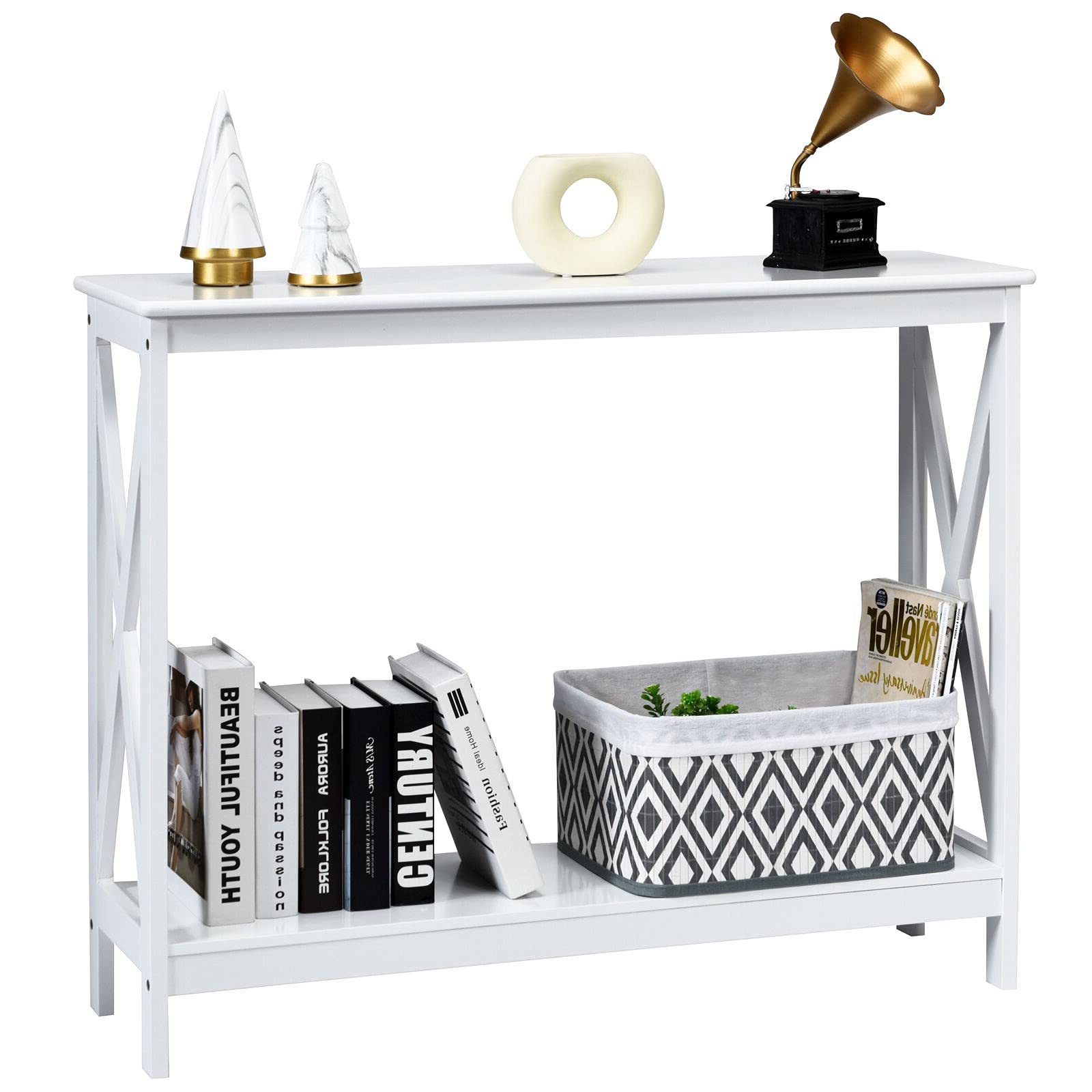 White X-Shaped 2-Tier Entryway Console Table - Modern Hallway Sofa Side Table with Bookshelf, Perfect for Displaying Books, Photo Frames, Toys & Plants | Ideal for Phone Chargers, Remotes & Keys | Living Room, Bedroom, Office Decor