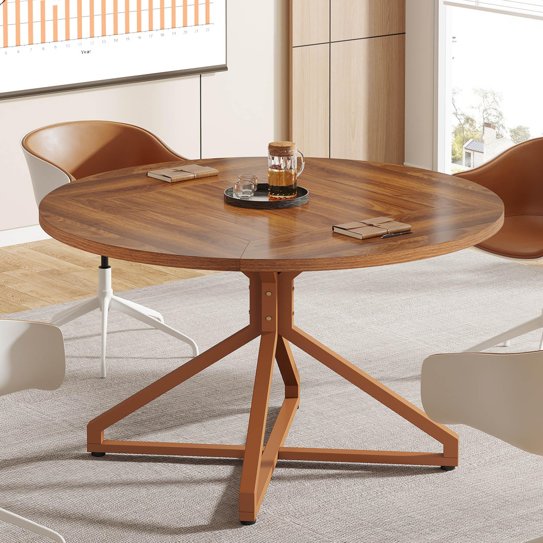 Tribesigns 47 Inch Round Conference Table for 4 People - Solid Wood Office Meeting Table for Small Conference Rooms (Brown) - Perfect for Team Meetings, Brainstorming Sessions & Office Collaboration Spaces