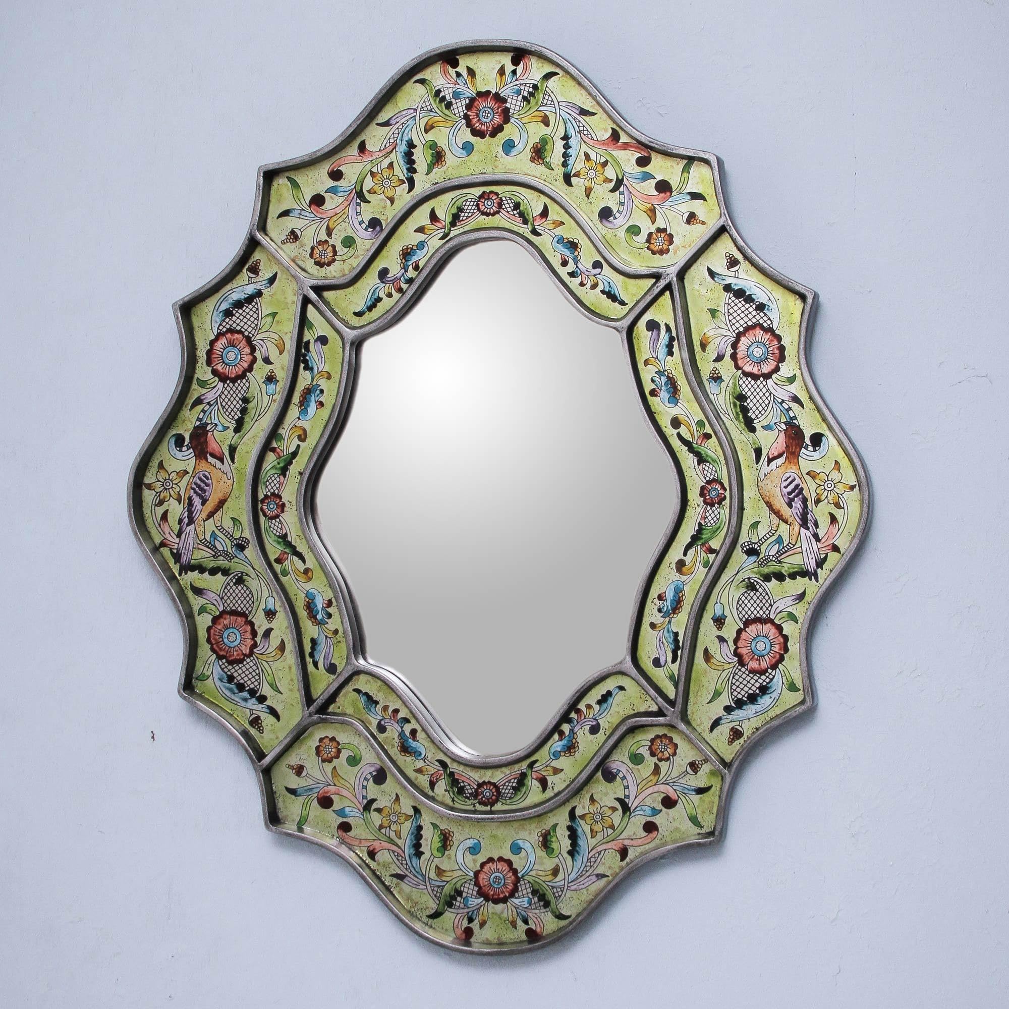 NOVICA Handmade Verdant Spring Reverse Painted Glass Mirror - Elegant Wall Decor for Living Room, Bedroom & Bathroom