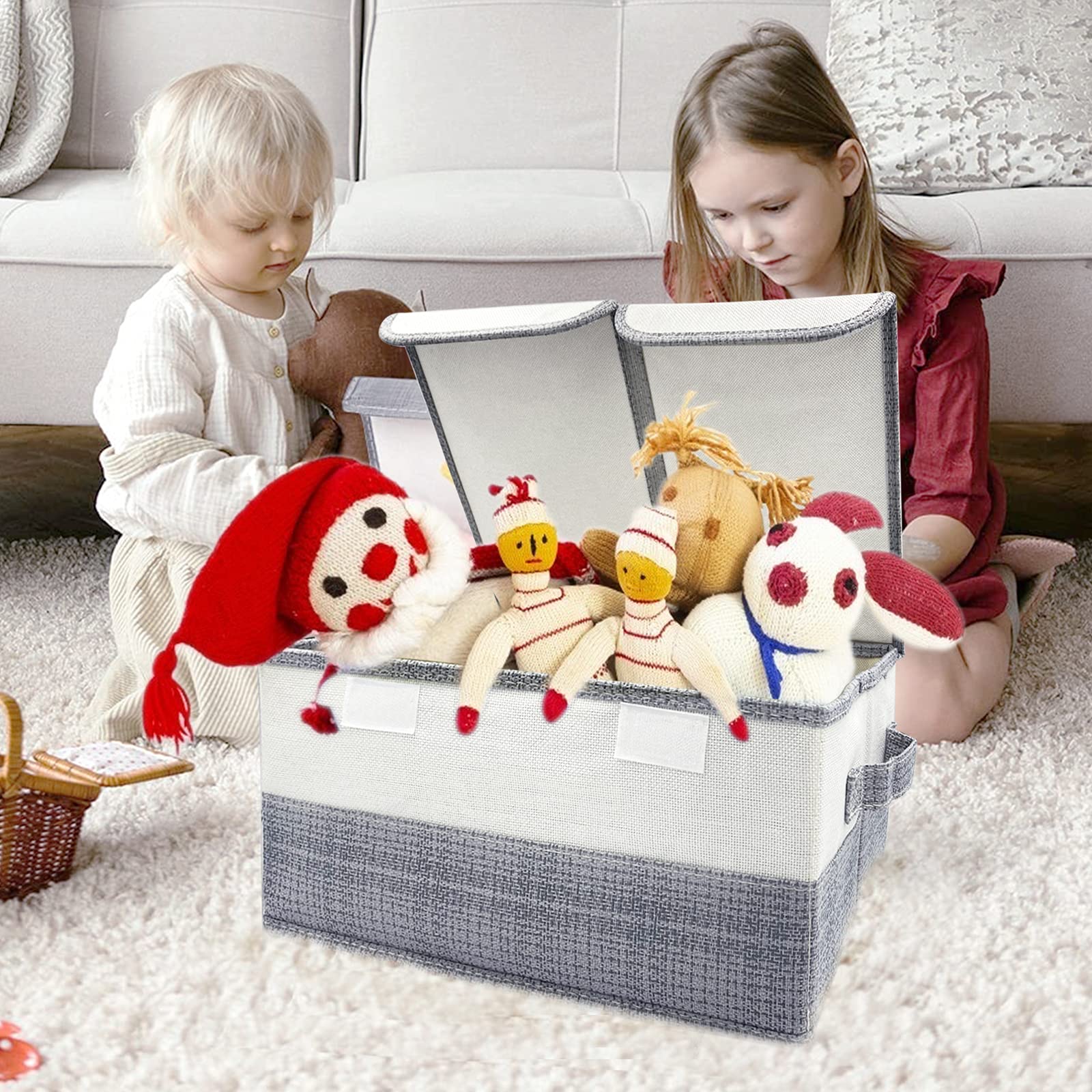 Upgraded Fabric Storage Cubes with Divider - Foldable Storage Bins with Lids & Handles for Closet, Cabinet, Bedroom - Collapsible Clothing Organizer - Heavy Duty Thick Material (Decorative Grey, Large) - Perfect for Home Organization, Kids Room & Travel Storage