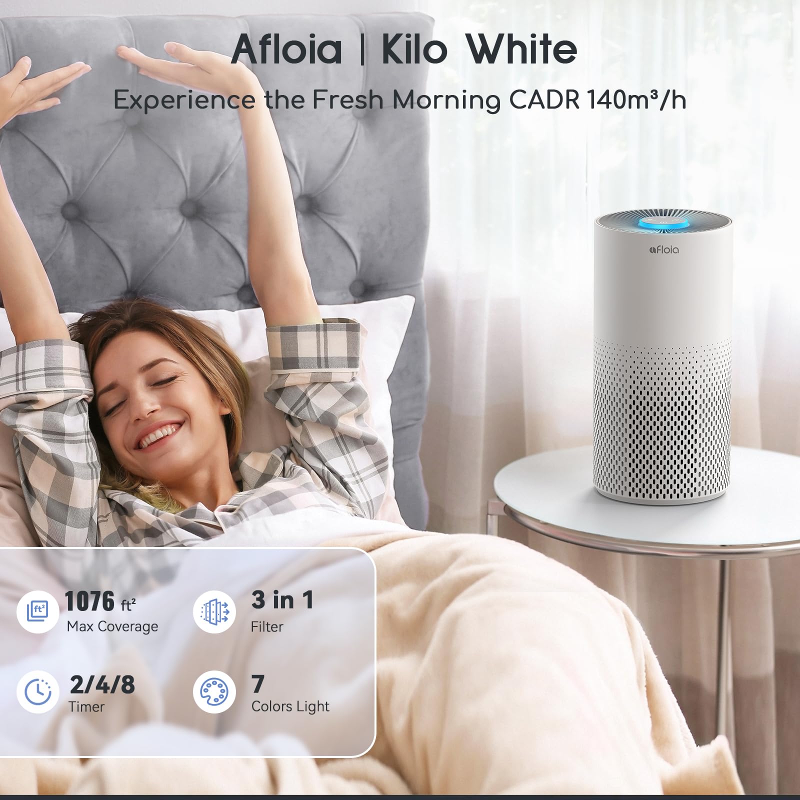 Afloia True HEPA Air Purifier for Large Rooms up to 1076 Sq Ft - Eliminates Pet Dander, Dust, Pollen, Mold, Smoke & Odors - Ultra Quiet 22dB with 7-Color Night Light - Perfect for Bedrooms, Living Rooms & Offices (Kilo White)