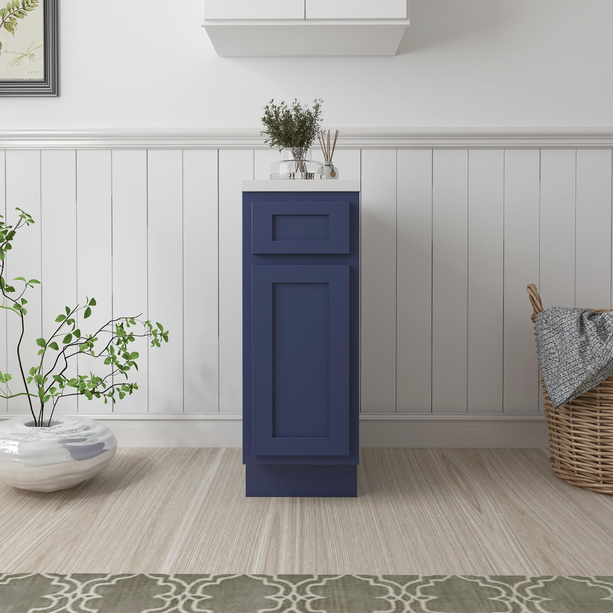 Vanity Art 12 Inch Small Bathroom Vanity Cabinet with Soft Closing Drawer & Door - Right Offset Shaker Design, Floor Mount Storage Organizer for Bathroom, Bedroom or Powder Room - VA4012-1BLUE