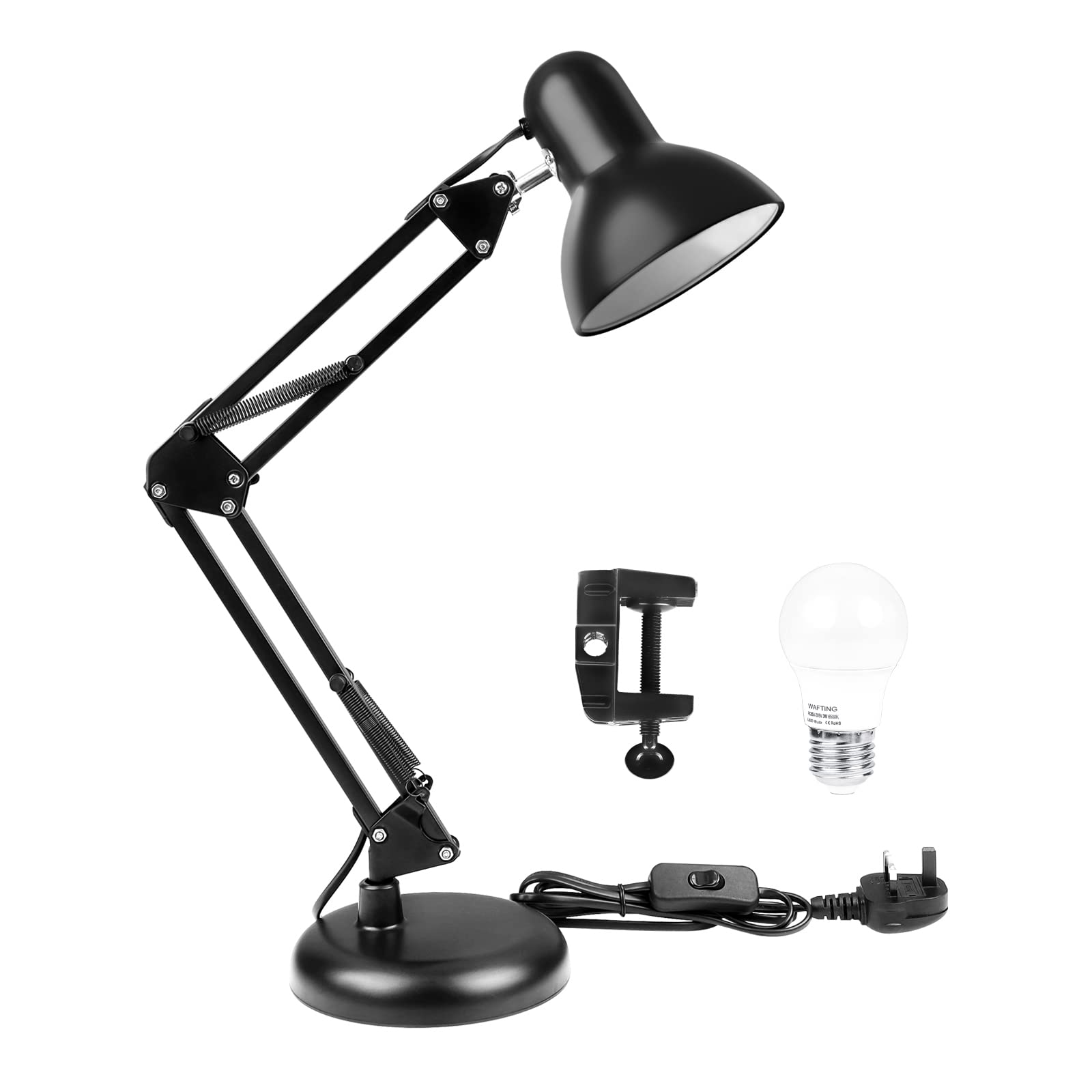 Adjustable Swing Arm Desk Lamp with LED Bulb & Clamp - Metal Architect Lamp for Office, Home, Dorm - Black | Perfect for Reading, Studying & Workspace Lighting