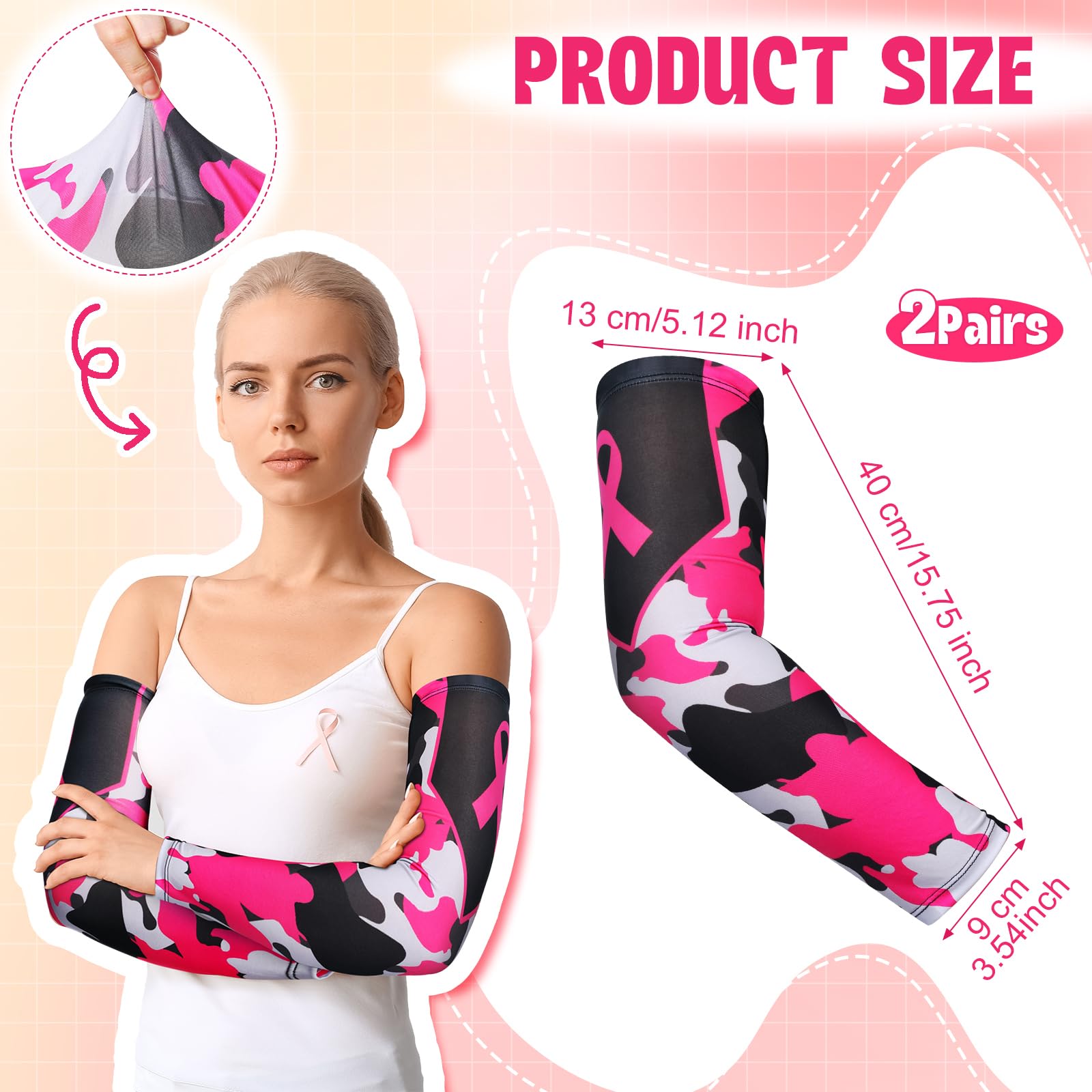2 Pairs Breast Cancer Awareness Arm Sleeves - Pink Ribbon UV Protection Compression Arm Covers for Women & Men - Perfect for Running, Cycling, and Outdoor Activities