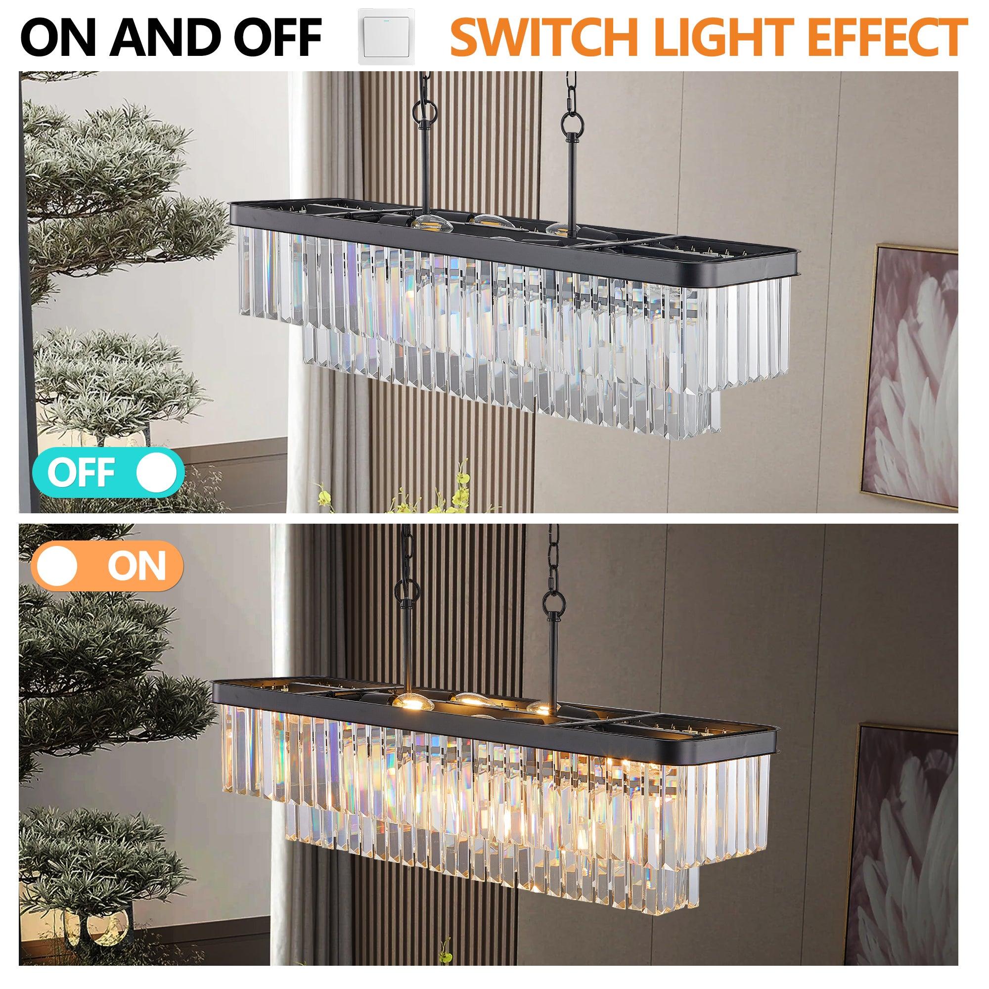 Modern Rectangular Crystal Chandelier - Adjustable E12 Industrial Farmhouse Ceiling Light with Iron Frame for Kitchen, Living Room & Bedroom | Black Finish (Bulbs Not Included) | Perfect for Dining Areas, Entryways and Home Decor