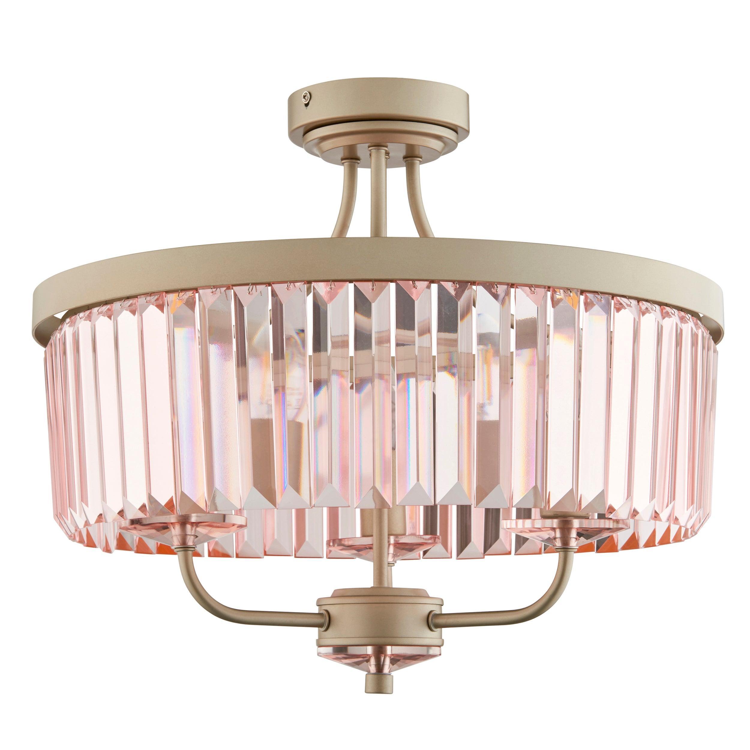 Ealing 3-Light Round Champagne & Pink Cut Glass Semi-Flush Ceiling Light - Perfect for Bedroom, Dining Room, or Entryway Lighting