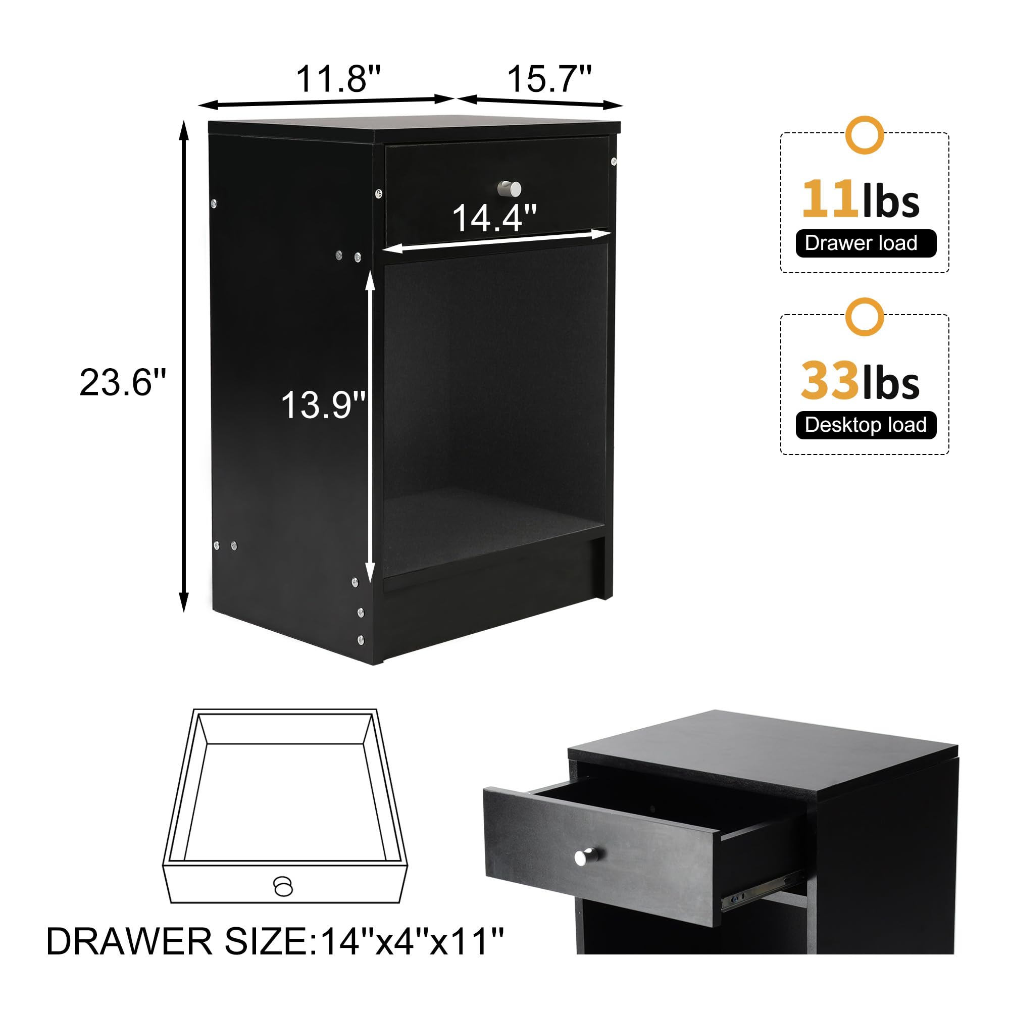 Modern Nightstand Set of 2 with Drawer & Open Shelf - Solid Wood Bedside Tables for Bedroom, Living Room End Tables - Perfect for Storing Books, Lamps & Bedroom Essentials (Black)