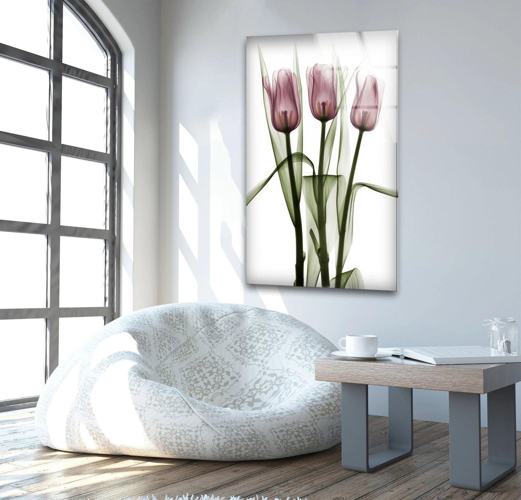 Albert Koetsier Triplet Tulips Stained Glass Wall Art - Handcrafted Floral Home Decor for Living Room, Bedroom & Office