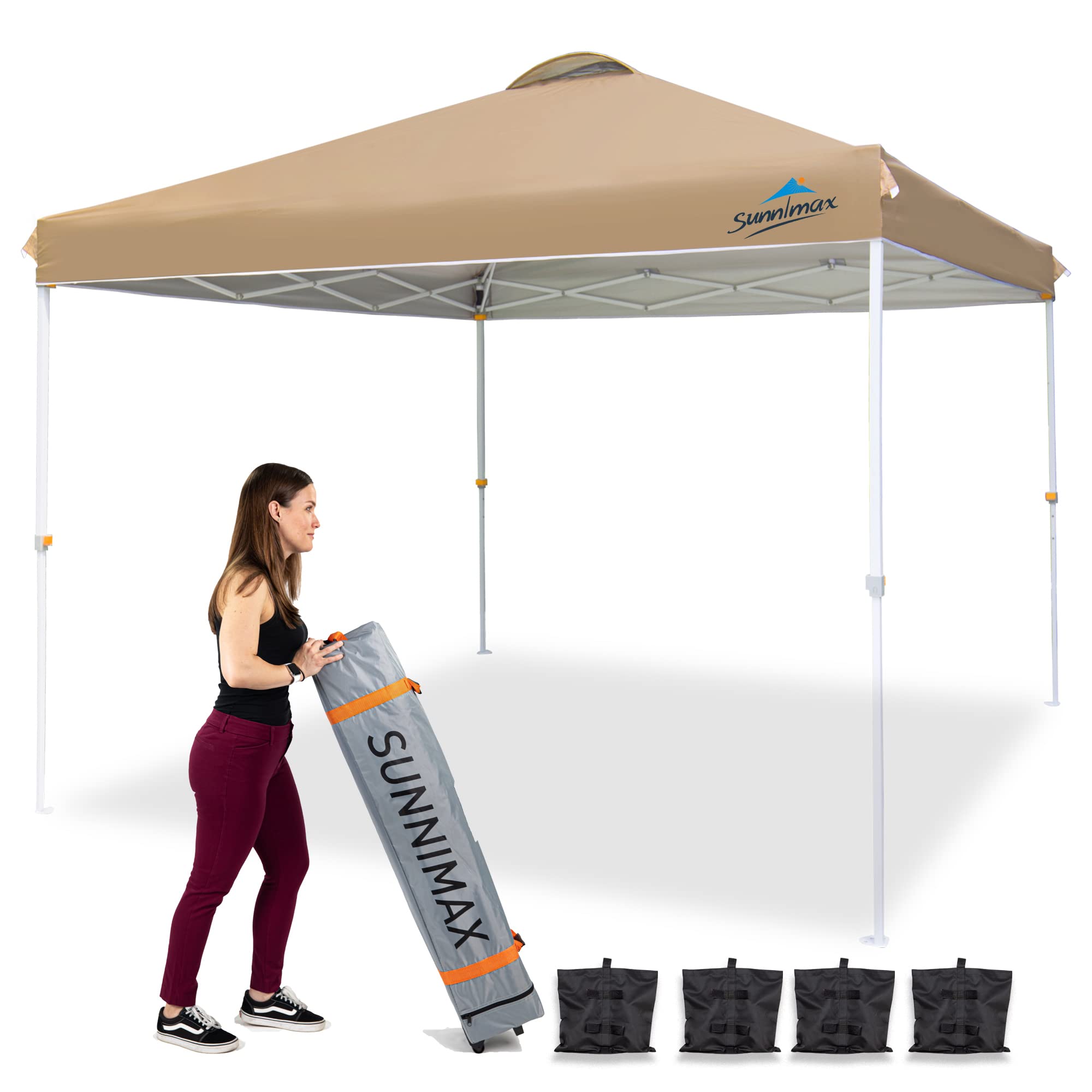 **SUNNIMAX 10x10FT Pop Up Canopy Tent - Waterproof Portable Folding Party Tent with Roller Bag & 4 Sand Bags (Khaki) - Perfect for Outdoor Parties, Tailgating, and Beach Events**