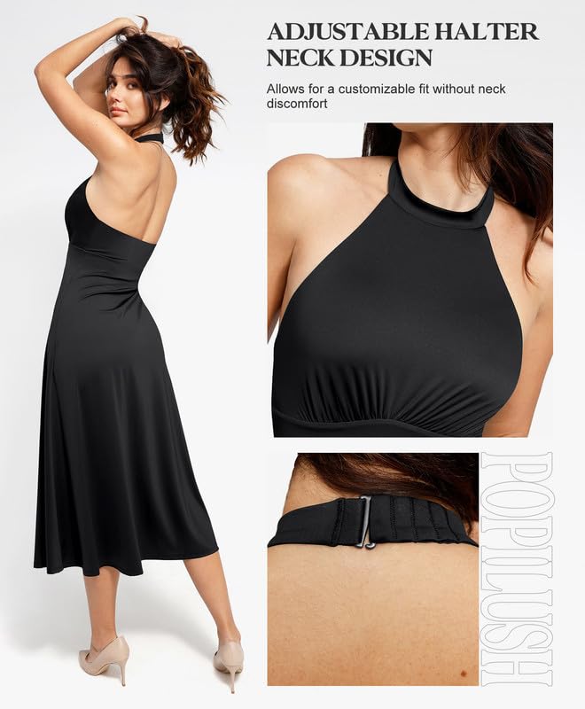 Popilush Shapewear Dress with Built-in Bra - Halter Neck, Sleeveless, Backless A-Line Midi Dress for Women | Perfect for Wedding Guest, Cocktail Party & Special Occasions