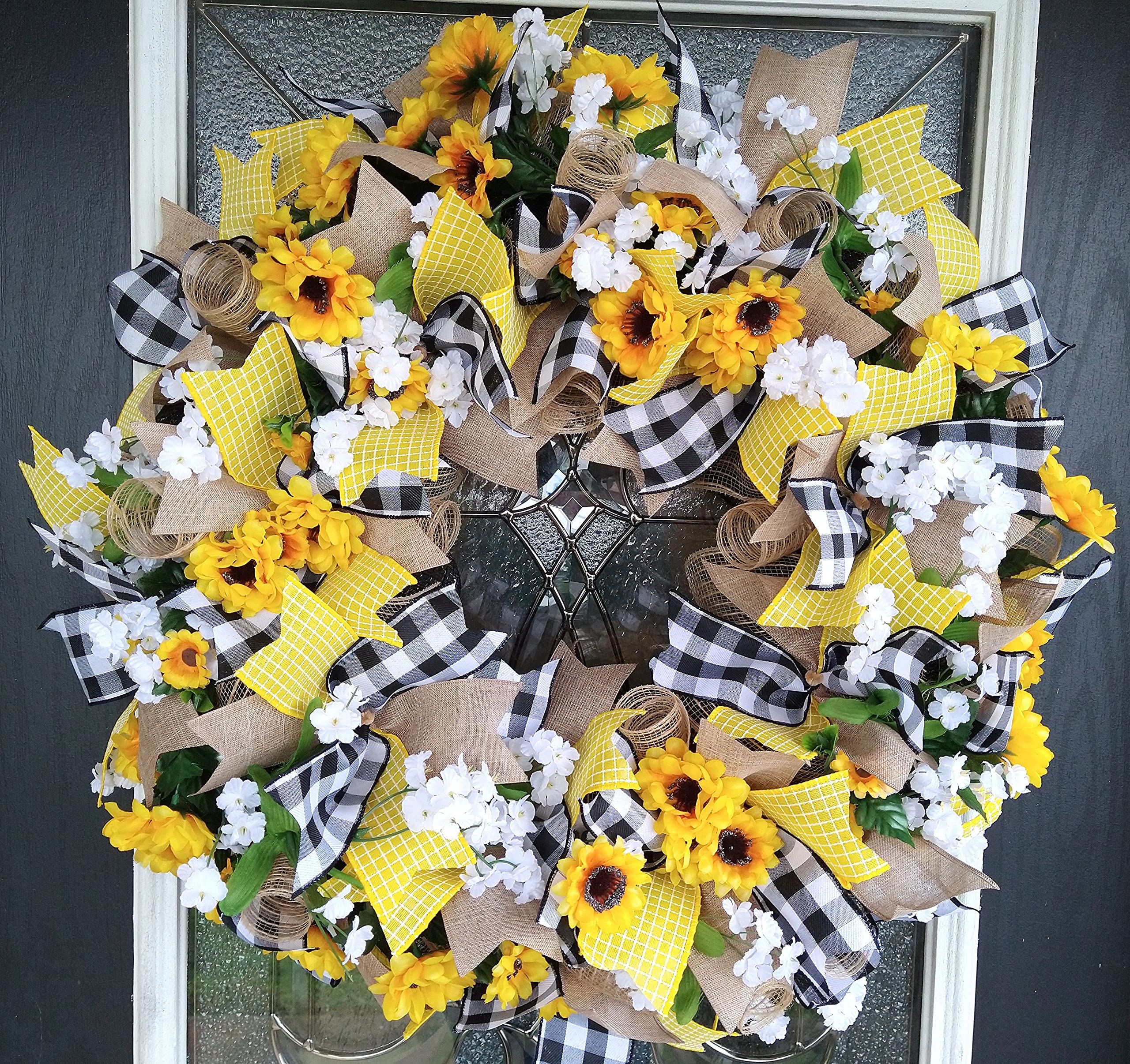 Black & Yellow Farmhouse Sunflower Wreath - Rustic Home Decor for Fall, Spring & Summer - Front Door Hanging, Burlap Wedding Decor & French Country Style - Perfect for Farmhouse Entryway, Porch & Seasonal Celebrations