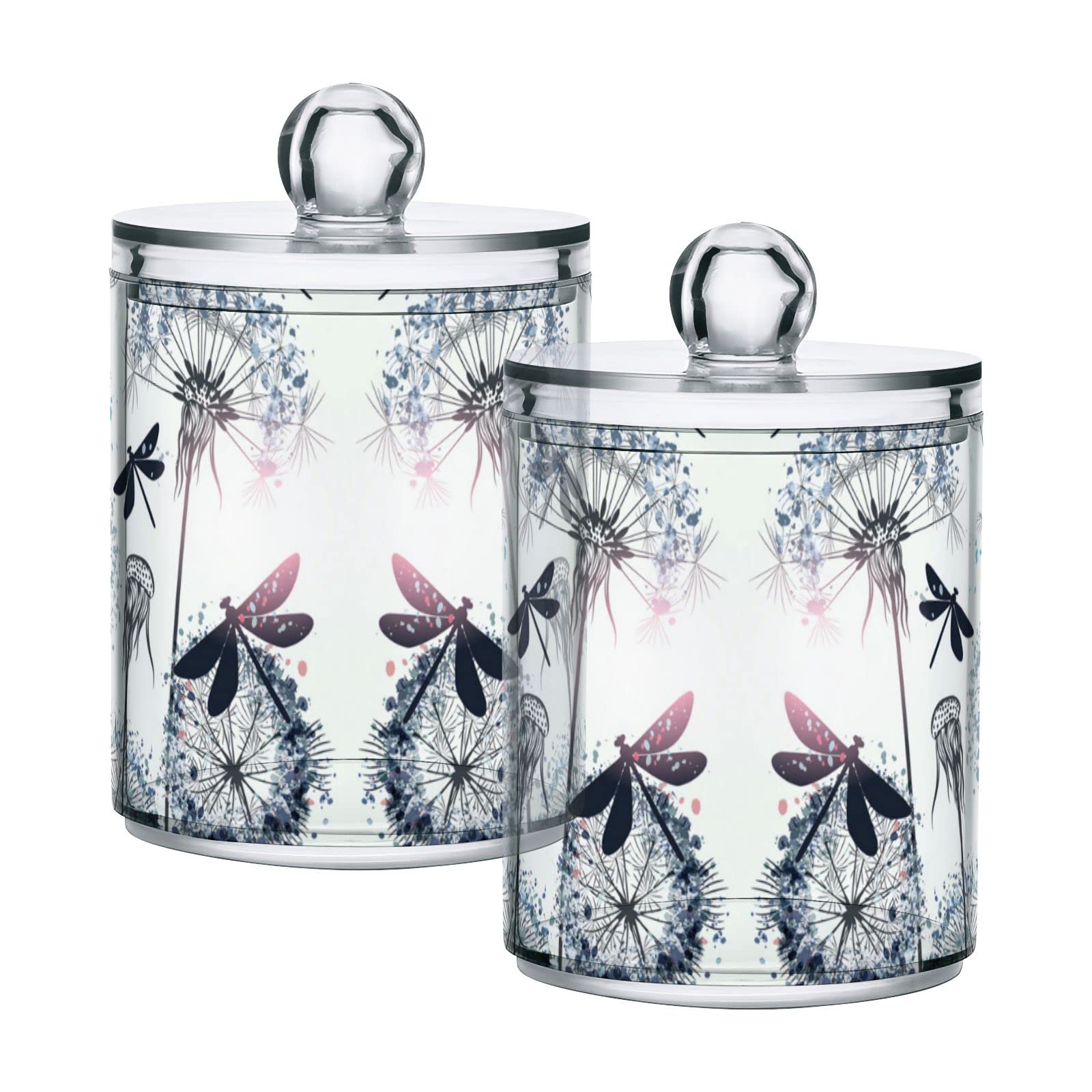 Vintage Elegant Dandelion & Dragonfly White Pattern Plastic Storage Jars with Lids (Set of 2) - 10oz Translucent Food Containers for Cotton Swabs, Tea, Cookies, Spices | Perfect for Kitchen, Bathroom & Pantry Organization