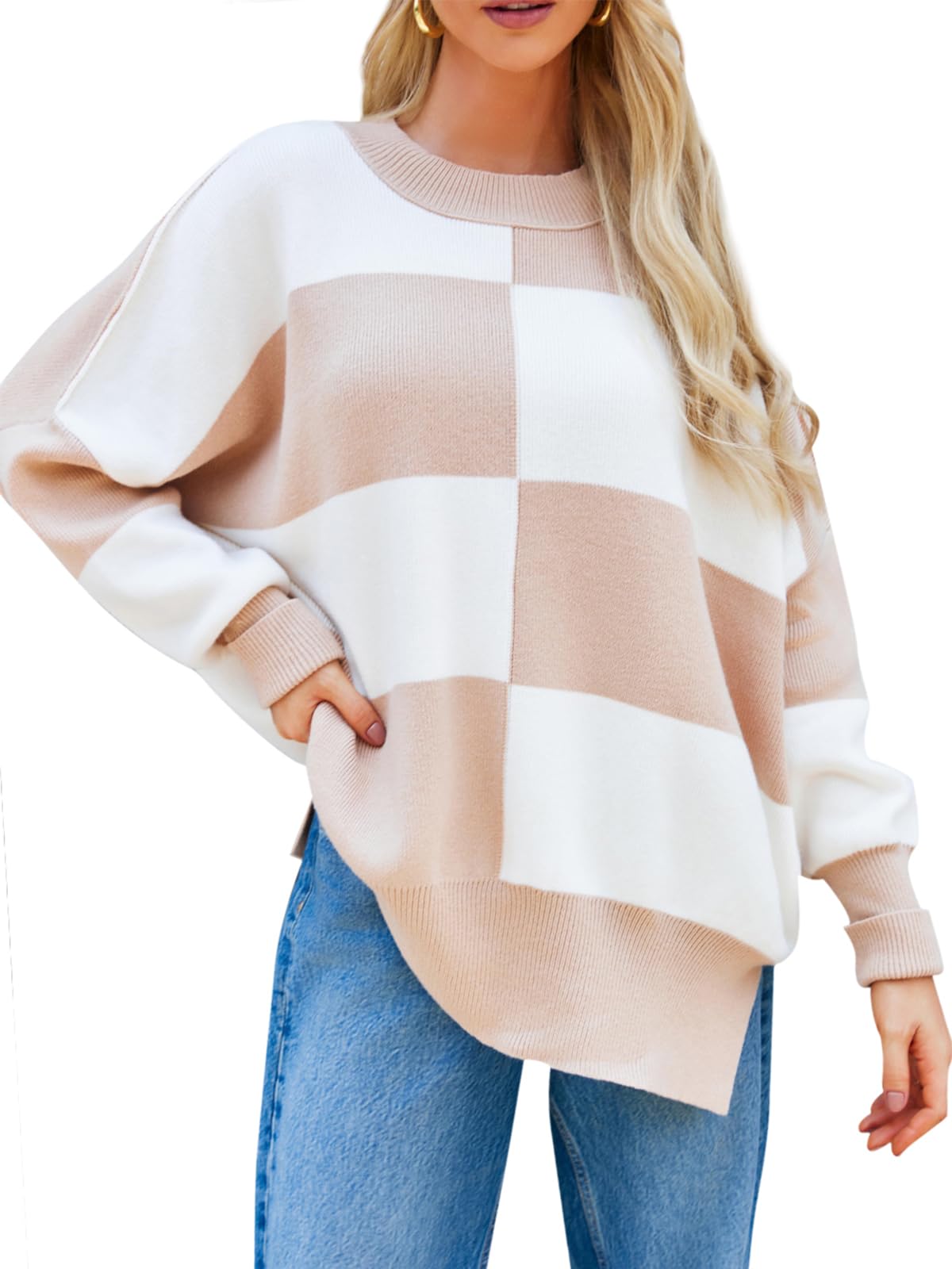 Women's Oversized Checkered Tunic Sweater - Color Block Batwing Knit Pullover Top for Fall & Winter | Cozy Casual Wear, Office Outfits, Holiday Fashion