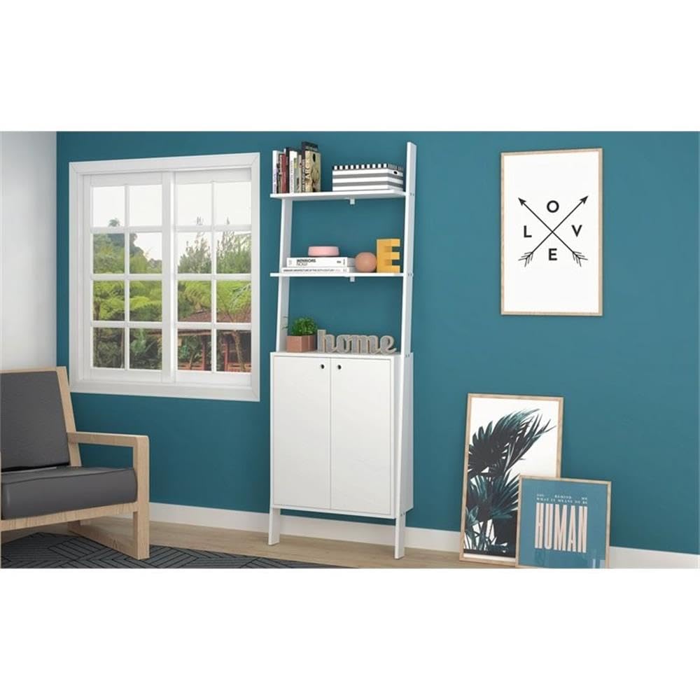 Pemberly Row 2-Tier Floating Shelves - Mid-Century Modern Wood Ladder Display Cabinet in White - Perfect for Living Room, Bedroom & Office Decor