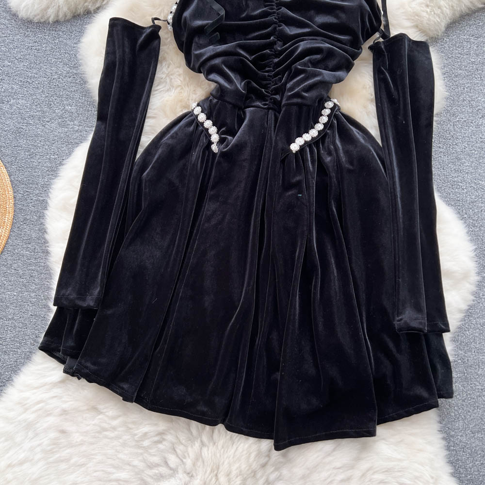 Elegant French Black Summer Backless Pleated Dress with Pearl Velvet Straps - Perfect for Cocktail Parties, Date Nights & Formal Events