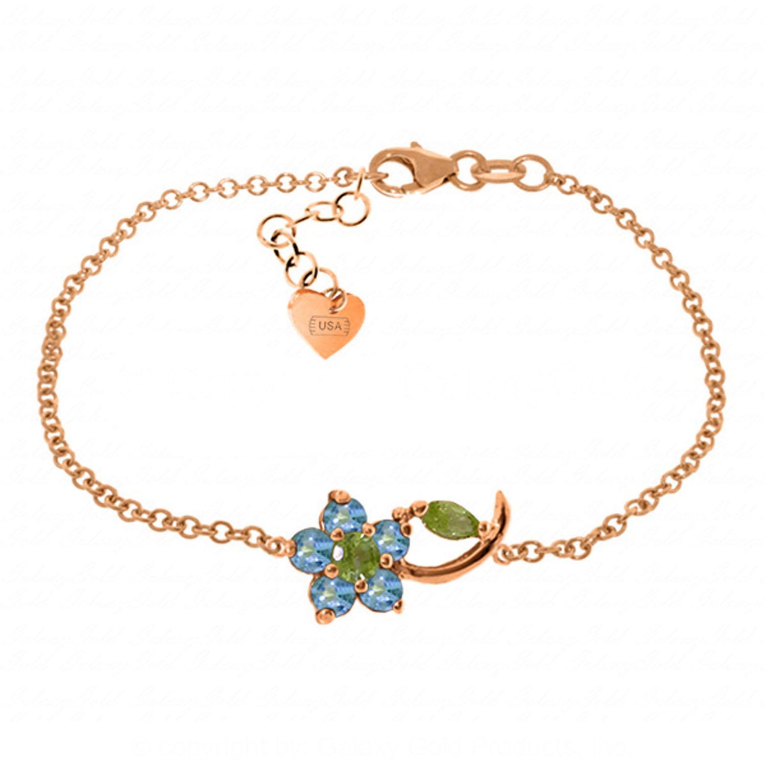 14K Rose Gold Galaxy Gold GG Single Flower Bracelet with Blue Topaz & Peridots - Elegant Jewelry Gift for Women, Perfect for Weddings, Anniversaries & Special Occasions
