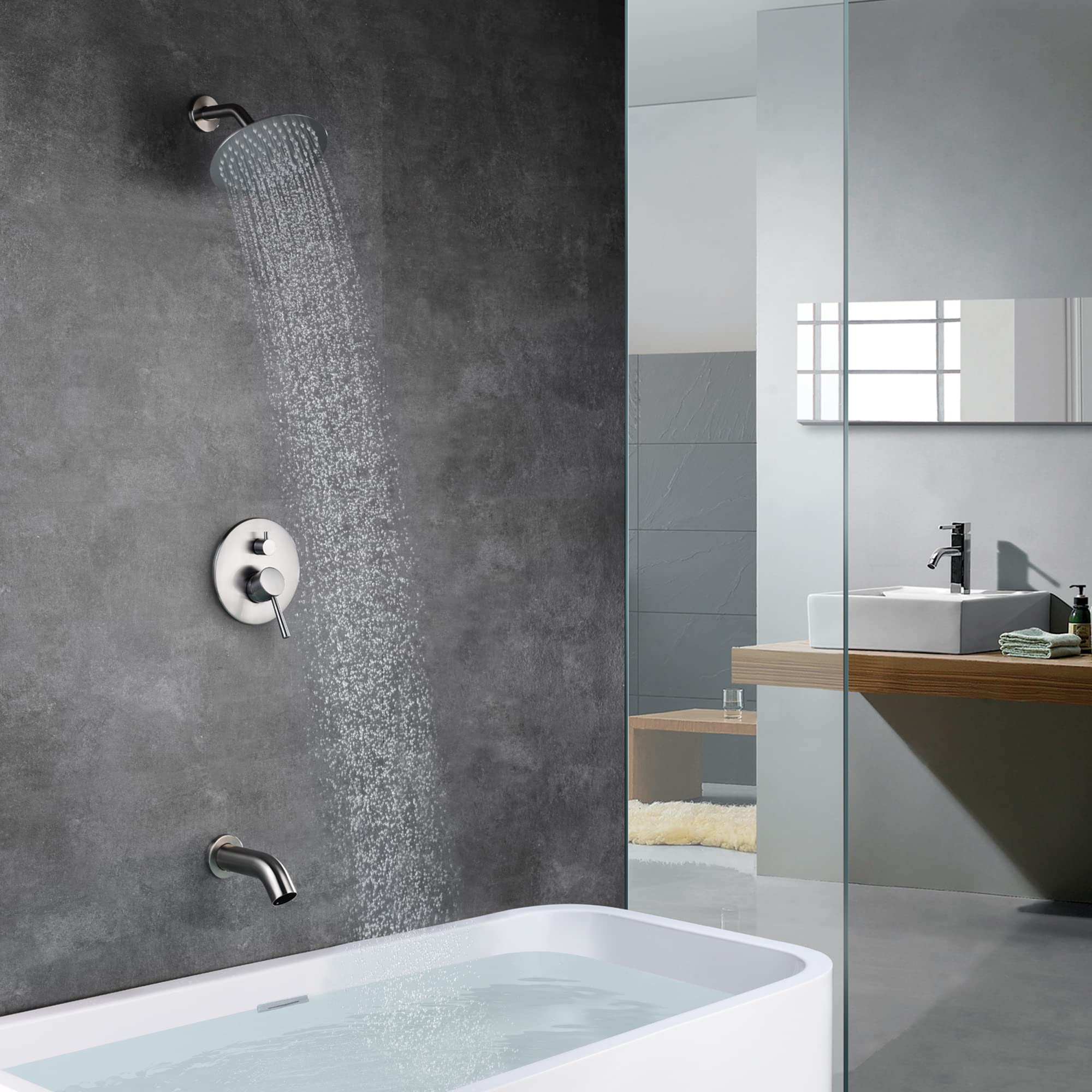 High-Pressure 8 Inch Rain Shower Head with Brushed Nickel Tub and Shower Faucet Set - Includes Rough-in Valve & Tub Spout for Luxurious Bathroom Upgrade | Perfect for Master Bath, Spa-Like Experience & Modern Home Renovation