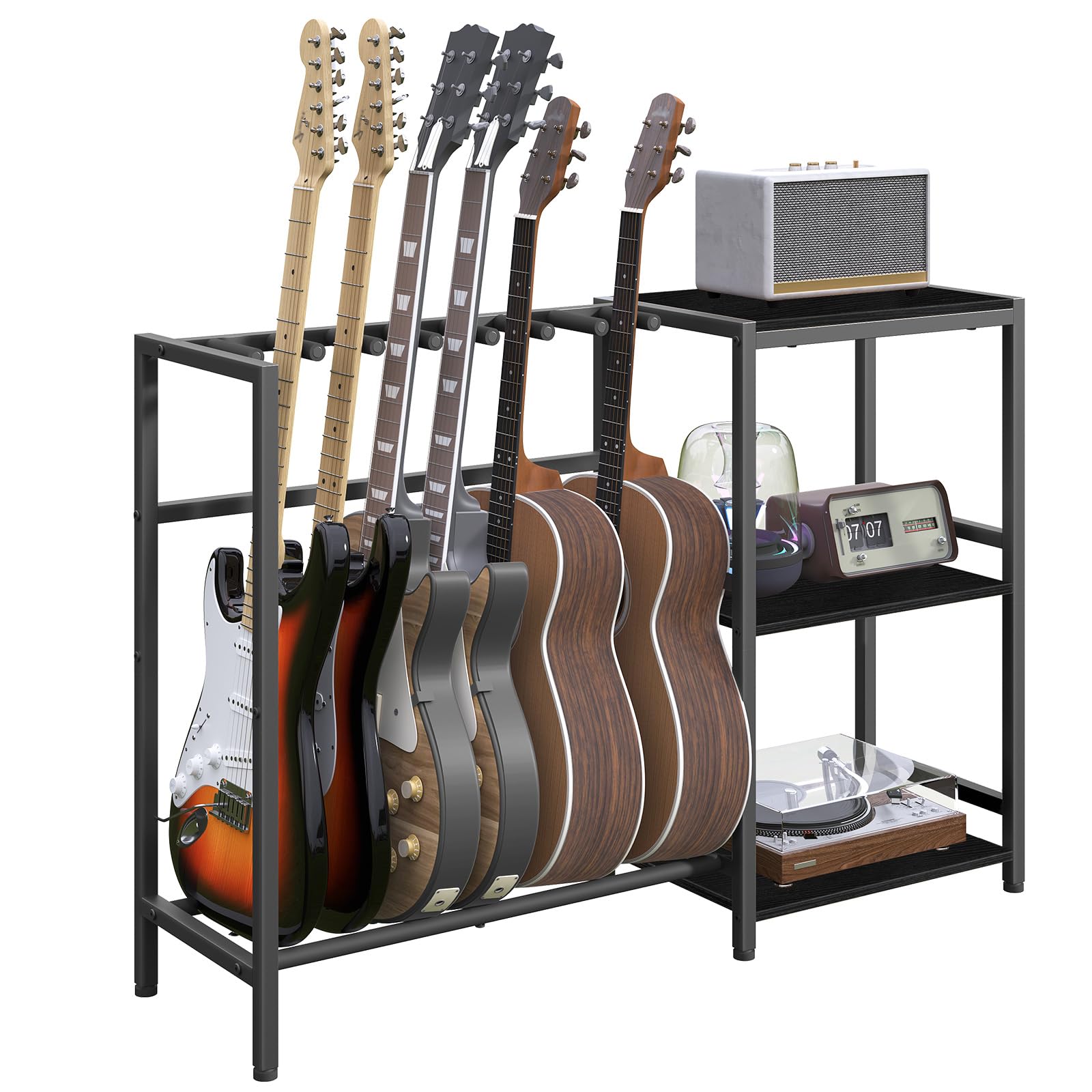 Premium Guitar Stand Holder for 5-6 String Instruments - Acoustic Guitar & Bass Stand with Side Shelves for Record Player - Non-Slip Rubber Pads - Black GSBK9701 - Perfect for Home Studios, Music Rooms & Live Performances