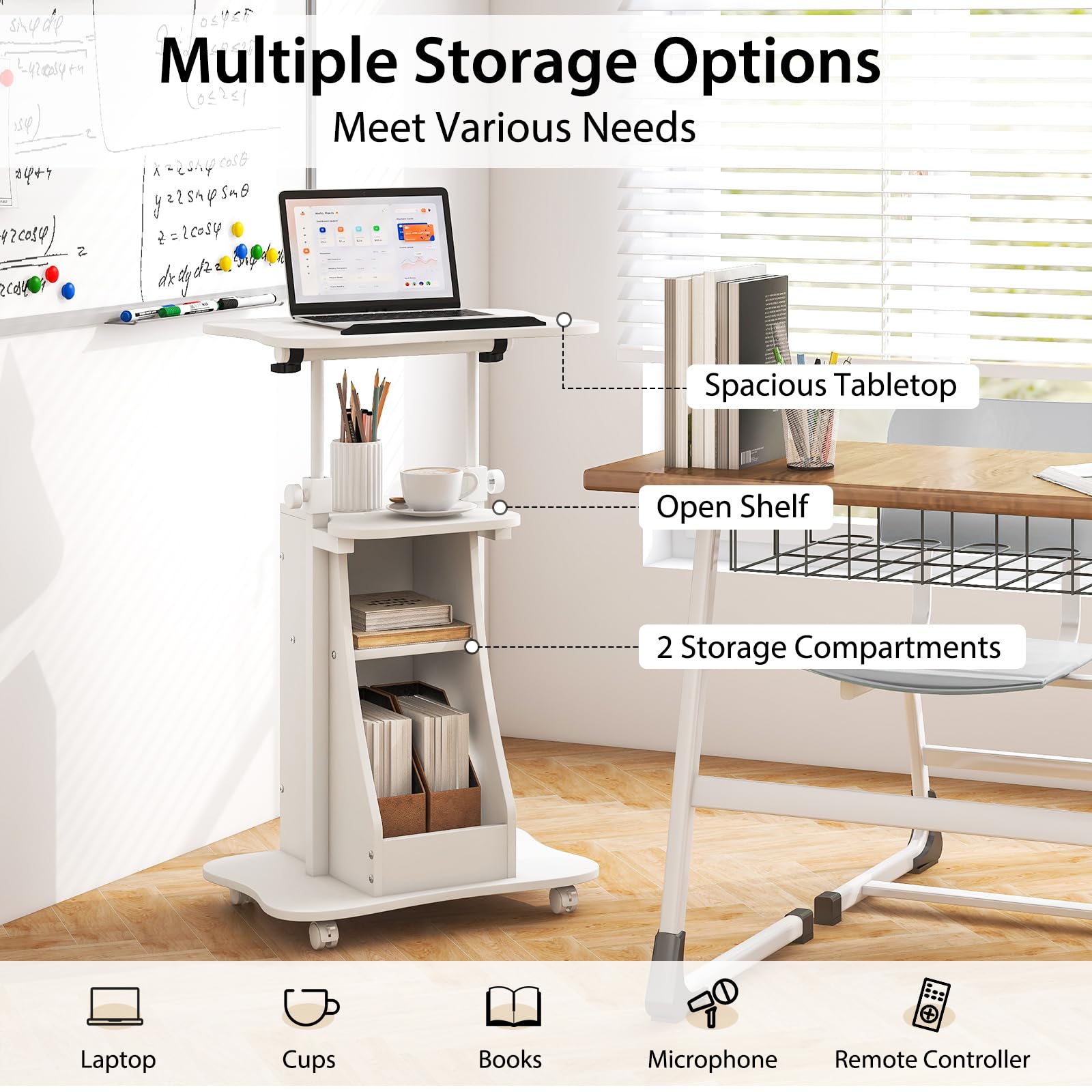 Giantex Adjustable Mobile Podium Stand - Rolling Laptop Cart with Tilting Tabletop & Storage | Lockable Wheels for Classroom, Church, Home Office (White) | Perfect for Presentations, Teaching & Remote Work