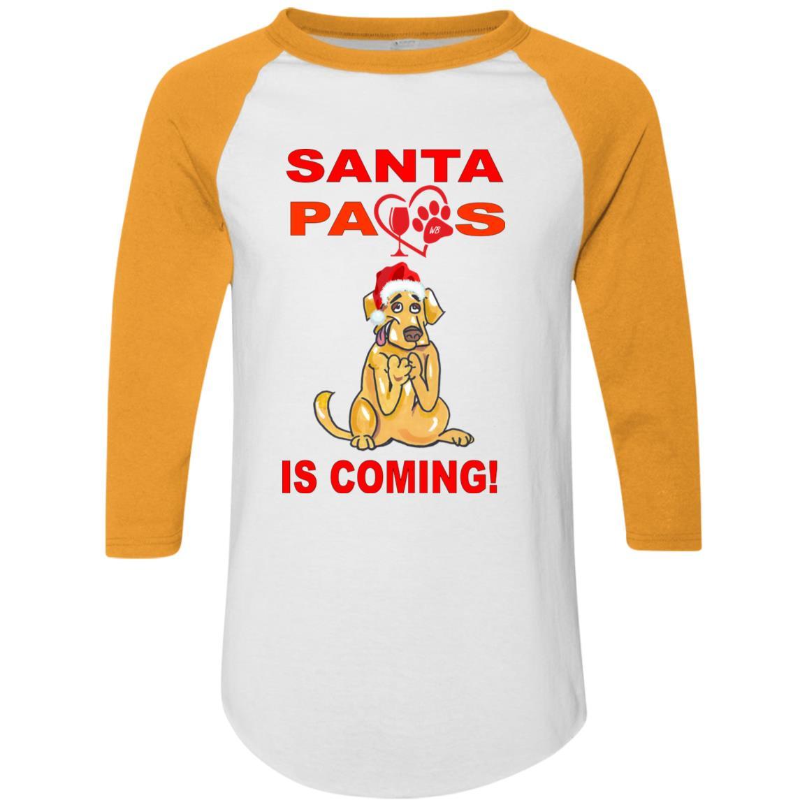 Santa Paws Is Coming Augusta Colorblock Raglan Jersey - Funny Christmas Dog Sweater for Small Medium Large Breeds - Perfect for Holiday Photos & Family Gatherings