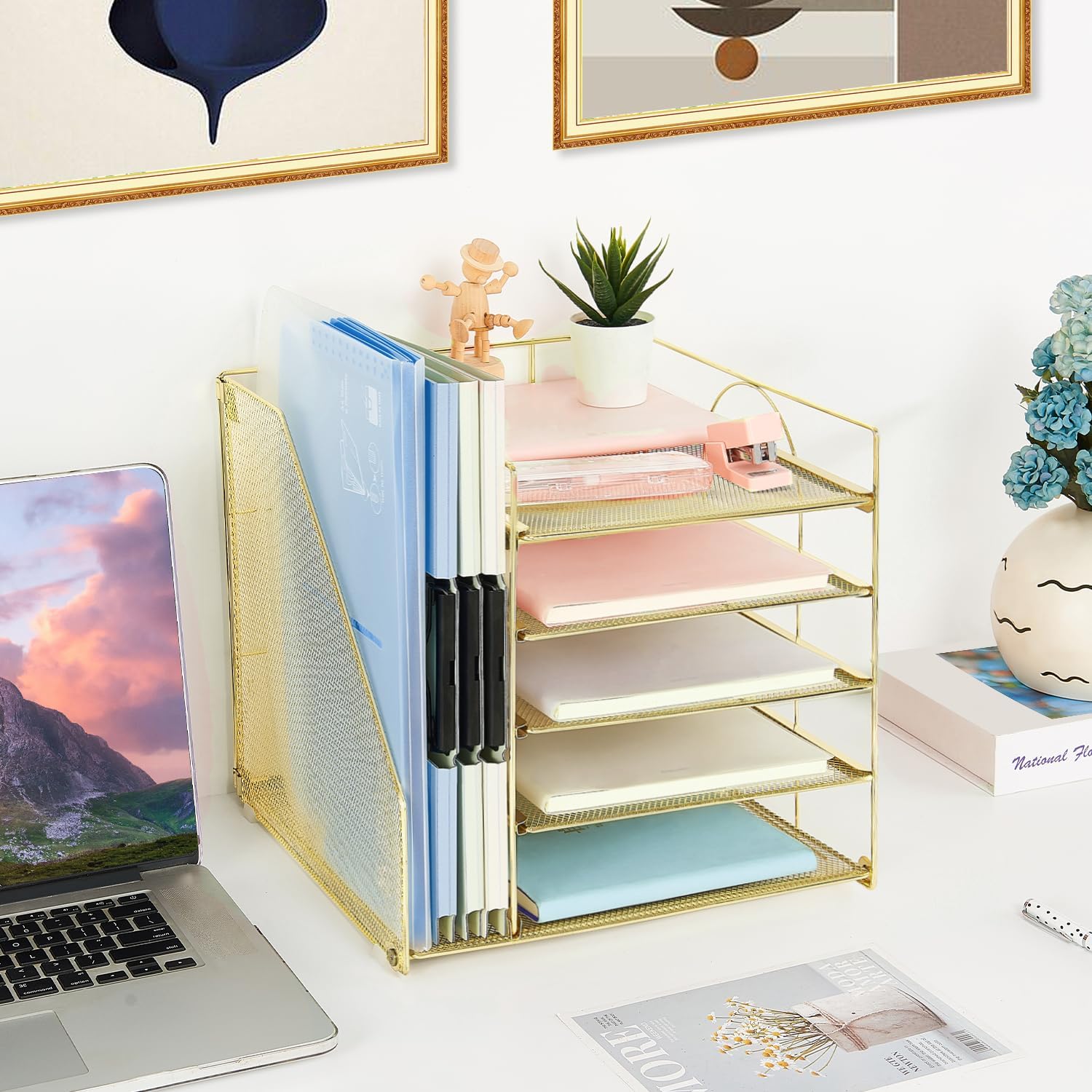 AUPSEN Mesh Desk Organizer with 5-Tier File Holder - Letter Paper Tray for Office Supplies, Home Office Organization (Gold) | Perfect for Workspace, Study Desk & Office Storage Solutions