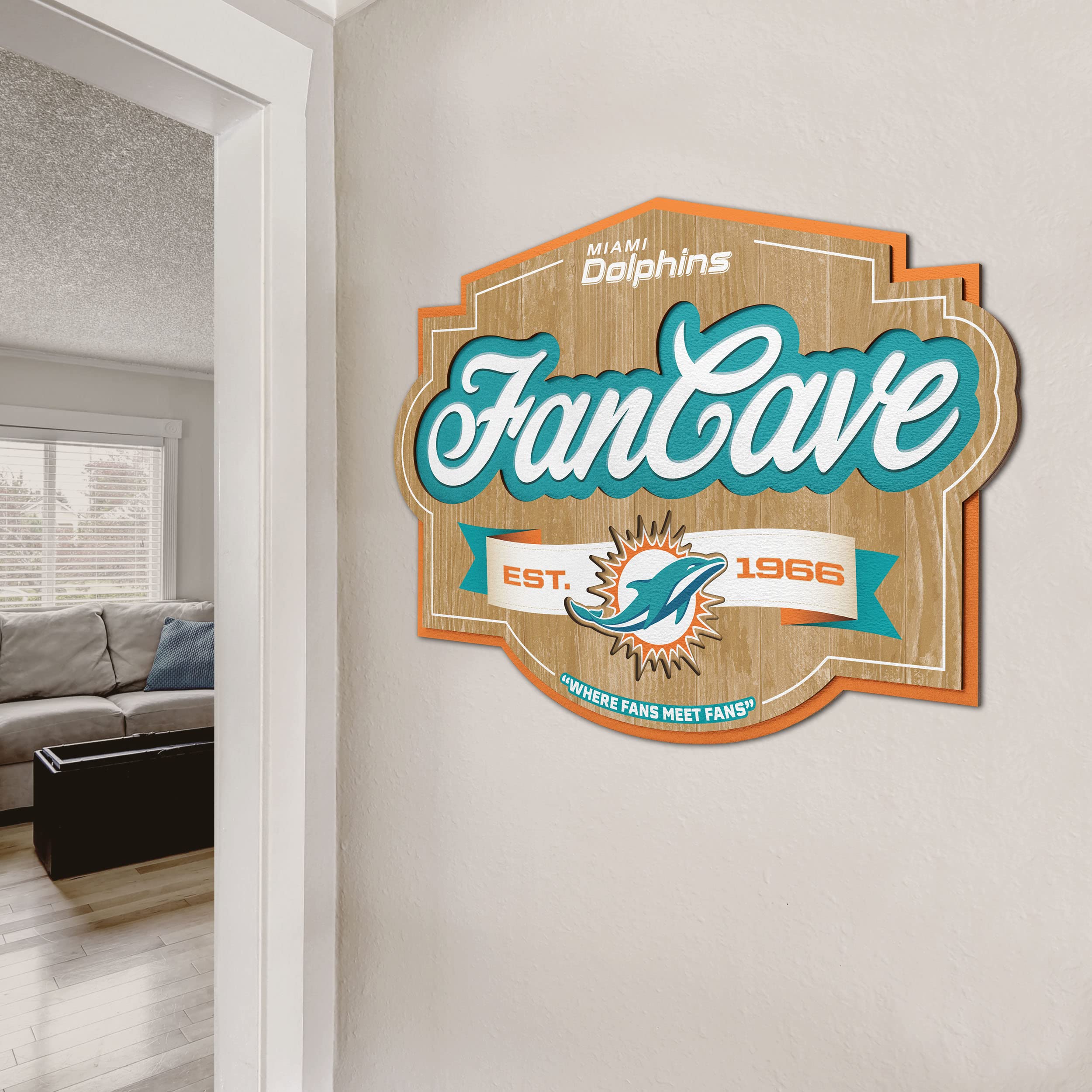 Official NFL Miami Dolphins Fan Cave Sign - Premium Team Logo Wall Decor for Game Room, Man Cave, Sports Bar & Home Office - Perfect Gift for Dolphins Fans
