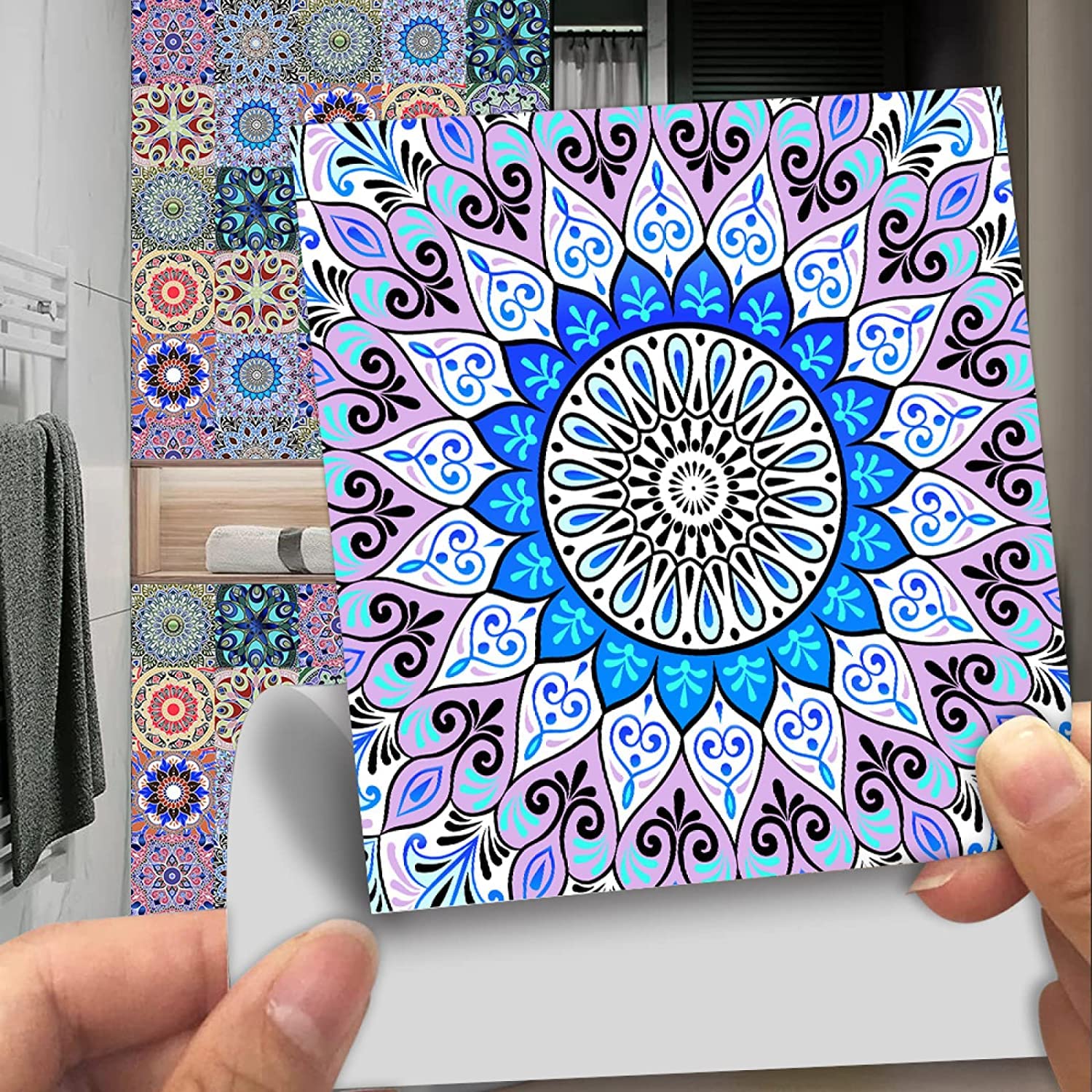 10cm x 10cm Mandala Kitchen Tile Stickers - Self-Adhesive Wall Tile Decals for Backsplash, Countertop & Bathroom - Waterproof Peel & Stick Home Decor (Perfect for Kitchen Renovation, Apartment Upgrades & DIY Projects)