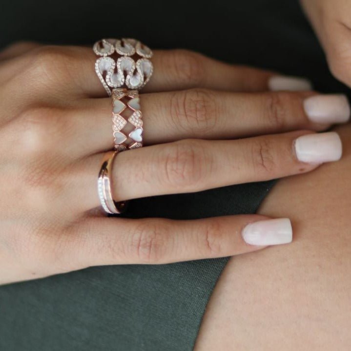 14k Rose Gold Mother of Pearl & Diamond Double Eternity Wedding Band - Elegant Stackable Ring for Anniversary, Engagement & Special Occasions