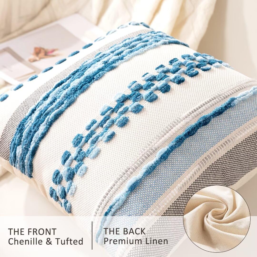 Boho Throw Pillow Covers 18x18 Inch Set of 2 - Farmhouse Decorative Square Cushion Cases with Striped Chenille Design, Neutral Accent Pillow Covers for Sofa, Couch, Bedroom & Living Room Decor - Sky Blue