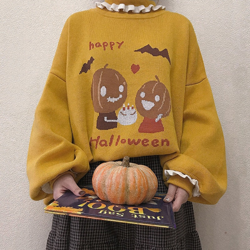 Halloween Sweaters for Women - Cute Pumpkin Pattern Turtleneck Pullover with Lantern Sleeves | Kawaii Autumn Loose Sweater | Perfect for Halloween Parties, Fall Outfits & Cozy Seasonal Fashion