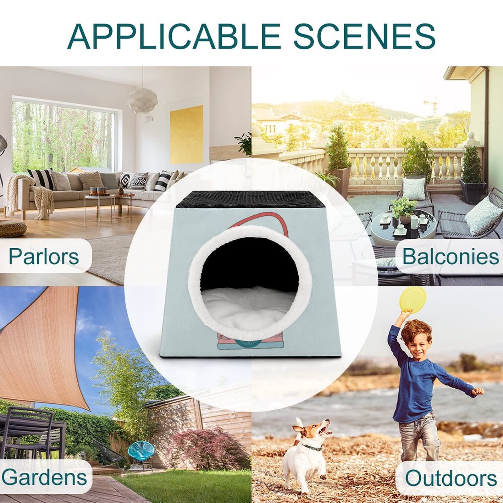 Printed Cat Houses & Condos - Foldable Cat Cube Bed with Removable Pillow - Cute Camera Cartoon Design for Indoor Cats - Perfect for Living Room, Bedroom or Office Pet Furniture