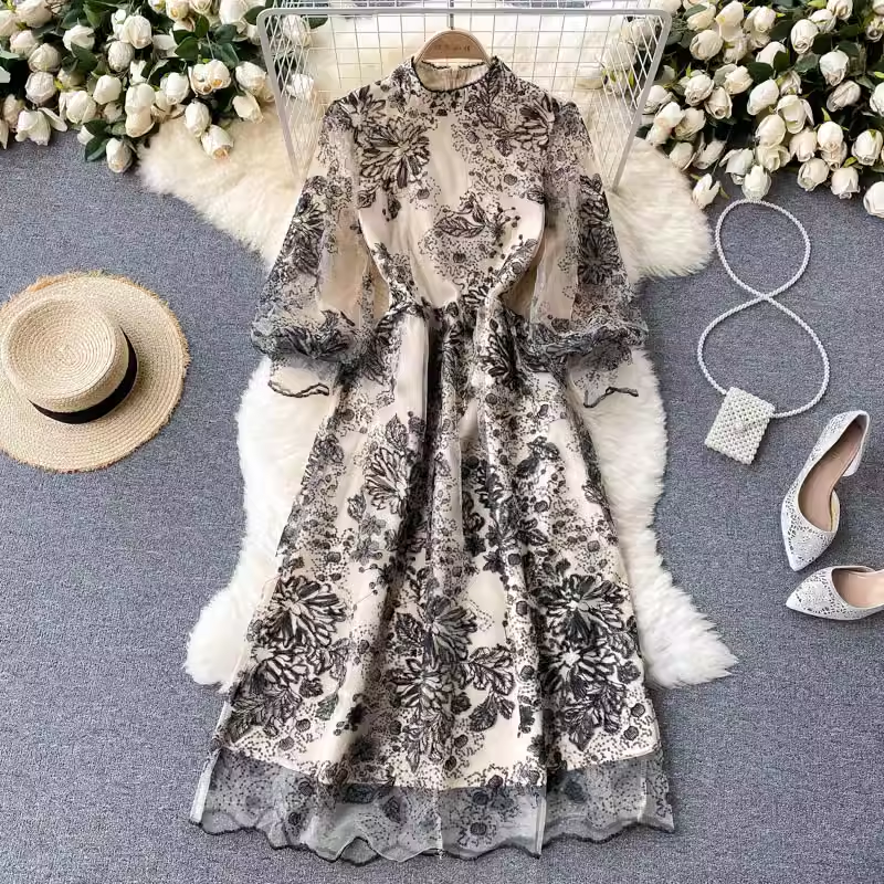 Elegant Embroidered Mesh Long Sleeve Dress for Women | Fall Fashion Party Wear | Perfect for Weddings, Evening Events & Special Occasions