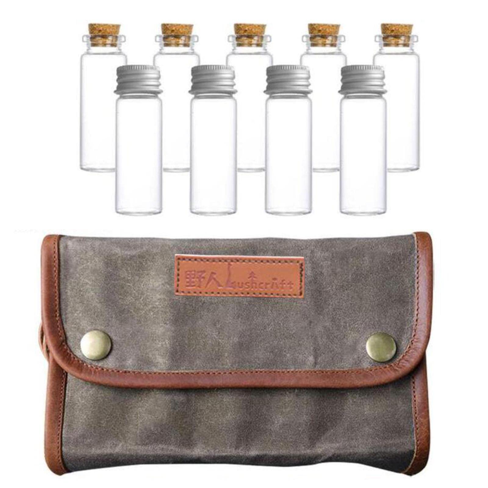 Shamjina 9-Piece Outdoor Camping Spice Set - Portable Condiment Jars with Storage Bag for BBQ, Picnic & Grilling | Durable Tin Box Cruet Holder for Liquid Sauces & Spices (Khaki) - Perfect for Backpacking, Tailgating & Outdoor Cooking