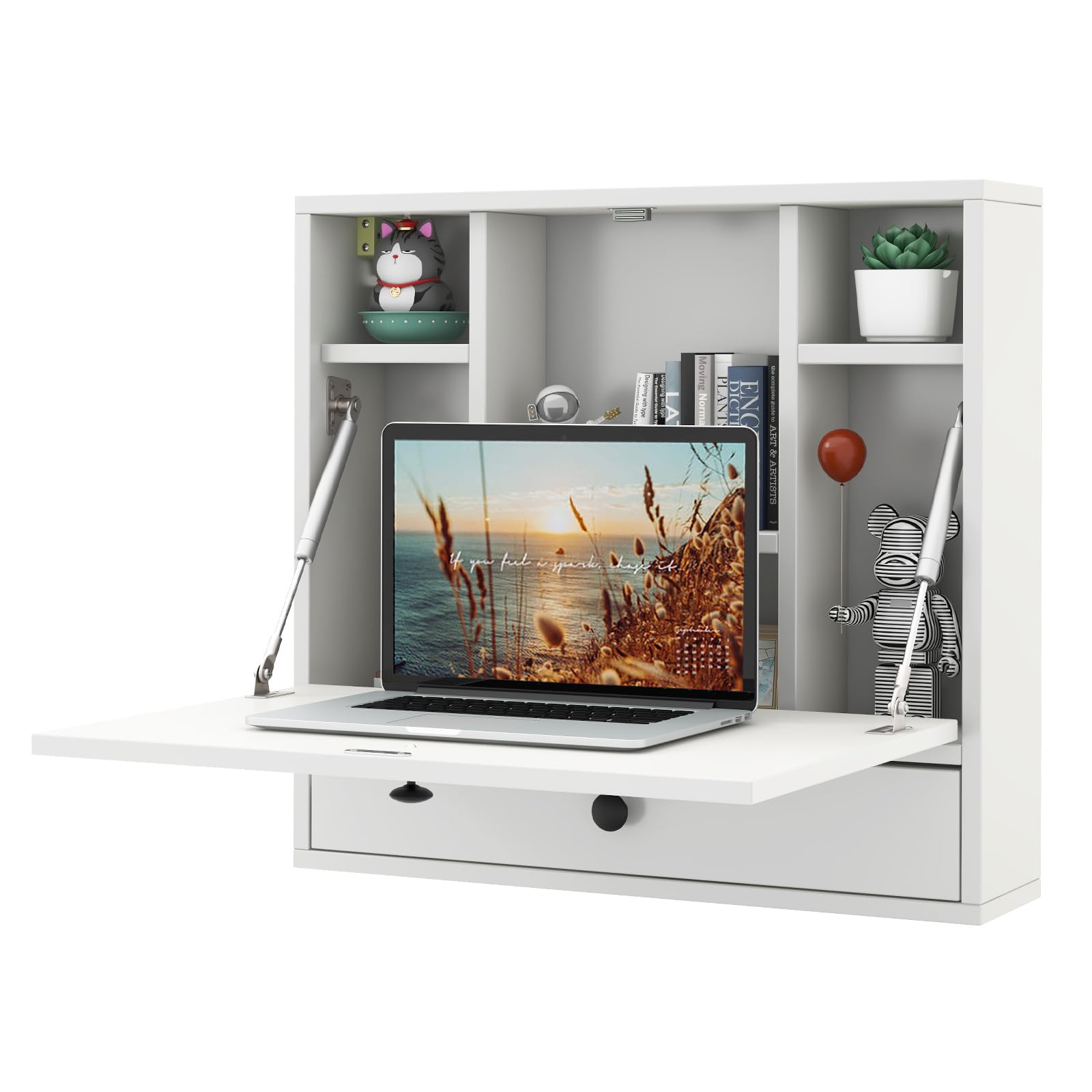 Tangkula Folding Wall Table - Space Saving Floating Desk with Storage Drawer & Shelves, White - Perfect for Small Apartments, Home Offices & Dorm Rooms