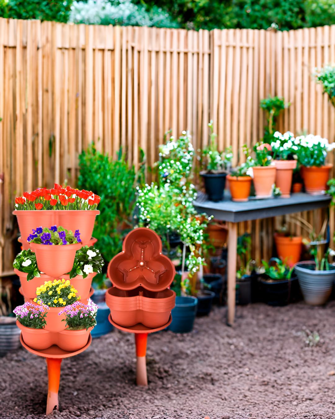 2-Pack Stackable Planter Pots - Brick Red 5-Tier Garden Tower for Vegetables, Herbs & Succulents | Indoor/Outdoor Vertical Gardening | Space-Saving Flower Pots for Balcony, Patio & Small Gardens