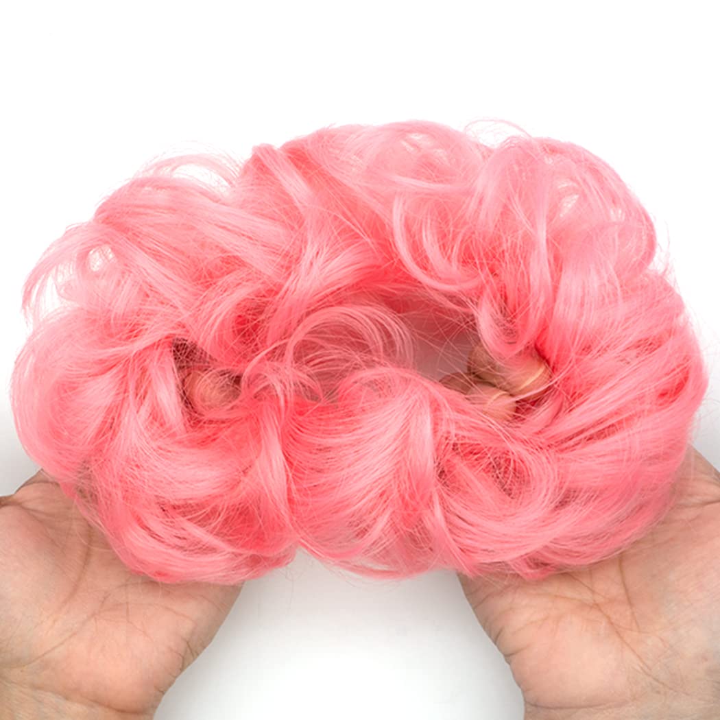 2pcs Messy Bun Hair Piece Scrunchie - Elastic Rubber Band Hair Bun for Women & Girls - Curly Wavy Synthetic Hair Extensions - Ponytail Enhancer (Pink) - Perfect for Workouts, Parties & Everyday Styling