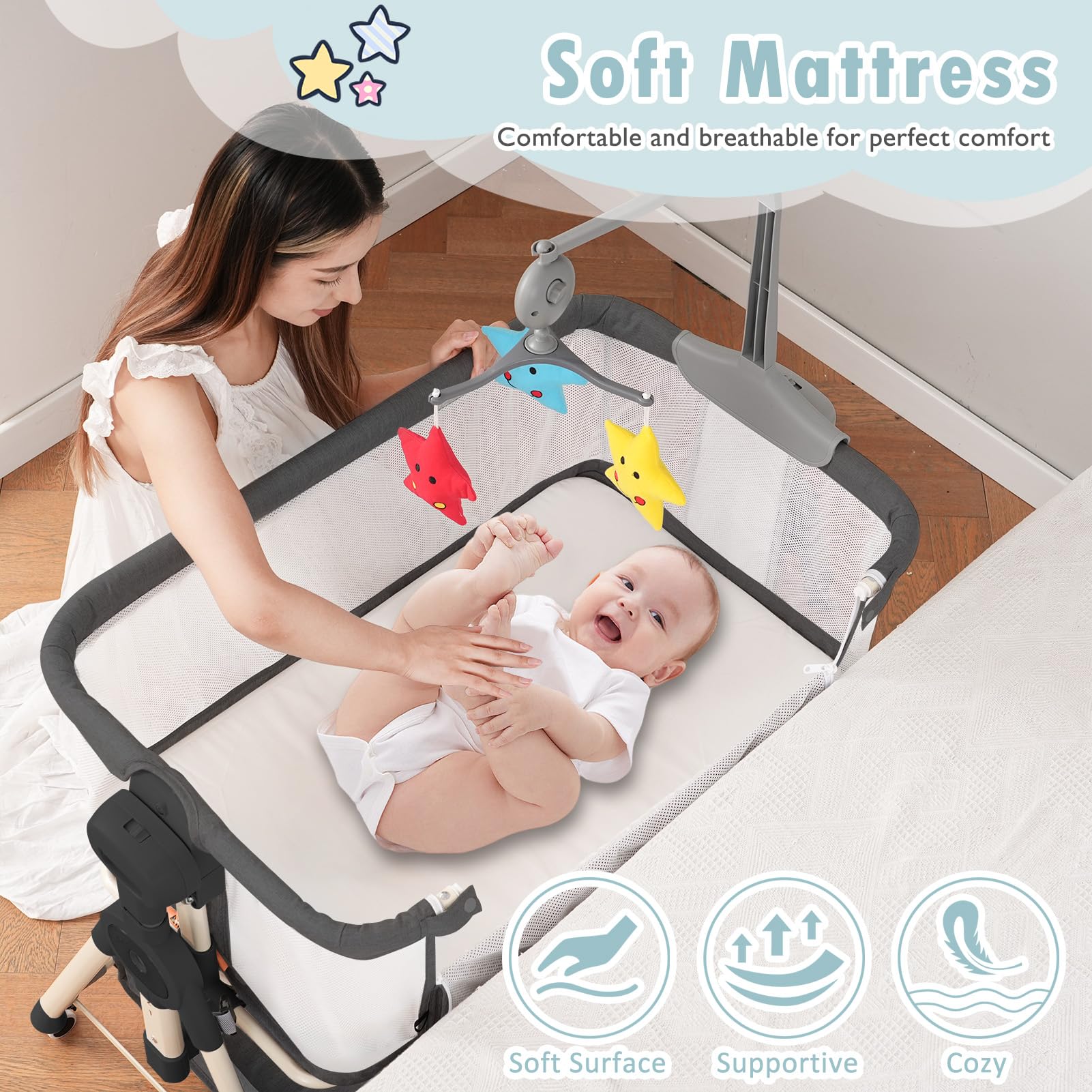 **3-in-1 Adjustable Baby Bassinet with Musical Toys, Storage Basket & Wheels – Portable Rocking Crib for Newborns – Bedside Sleeper for Nursery & Travel (Black)**    *(Perfect for Co-Sleeping, Nighttime Feeding & On-the-Go Parents)*