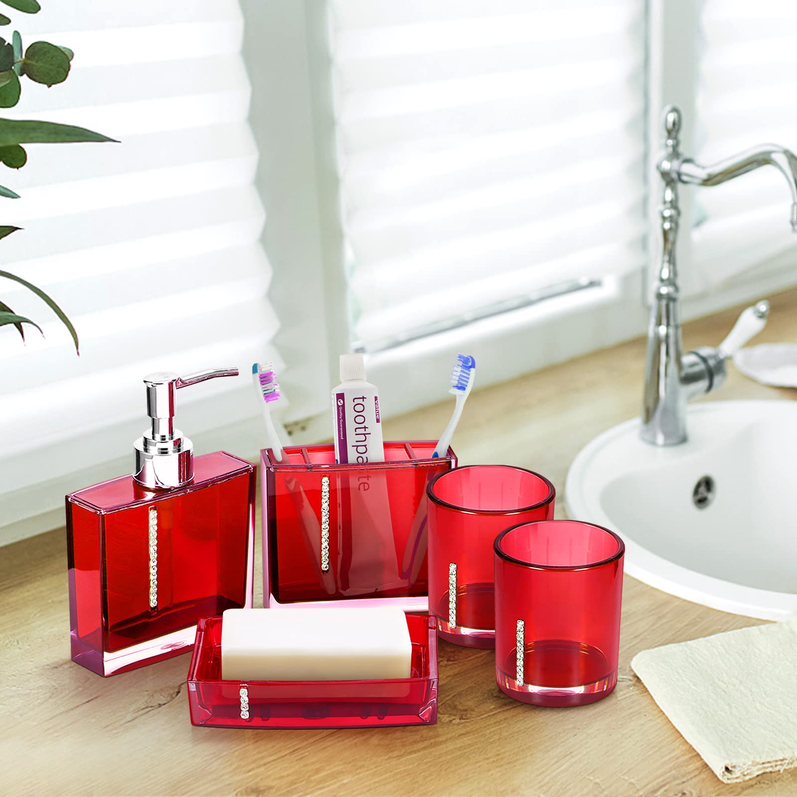 Luxury 5-Piece Red Bathroom Accessories Set - Toilet Brush, Emulsion Bottle & Toothbrush Holder for Modern Bathroom Decor | Perfect for Home, Hotel, and Spa Use